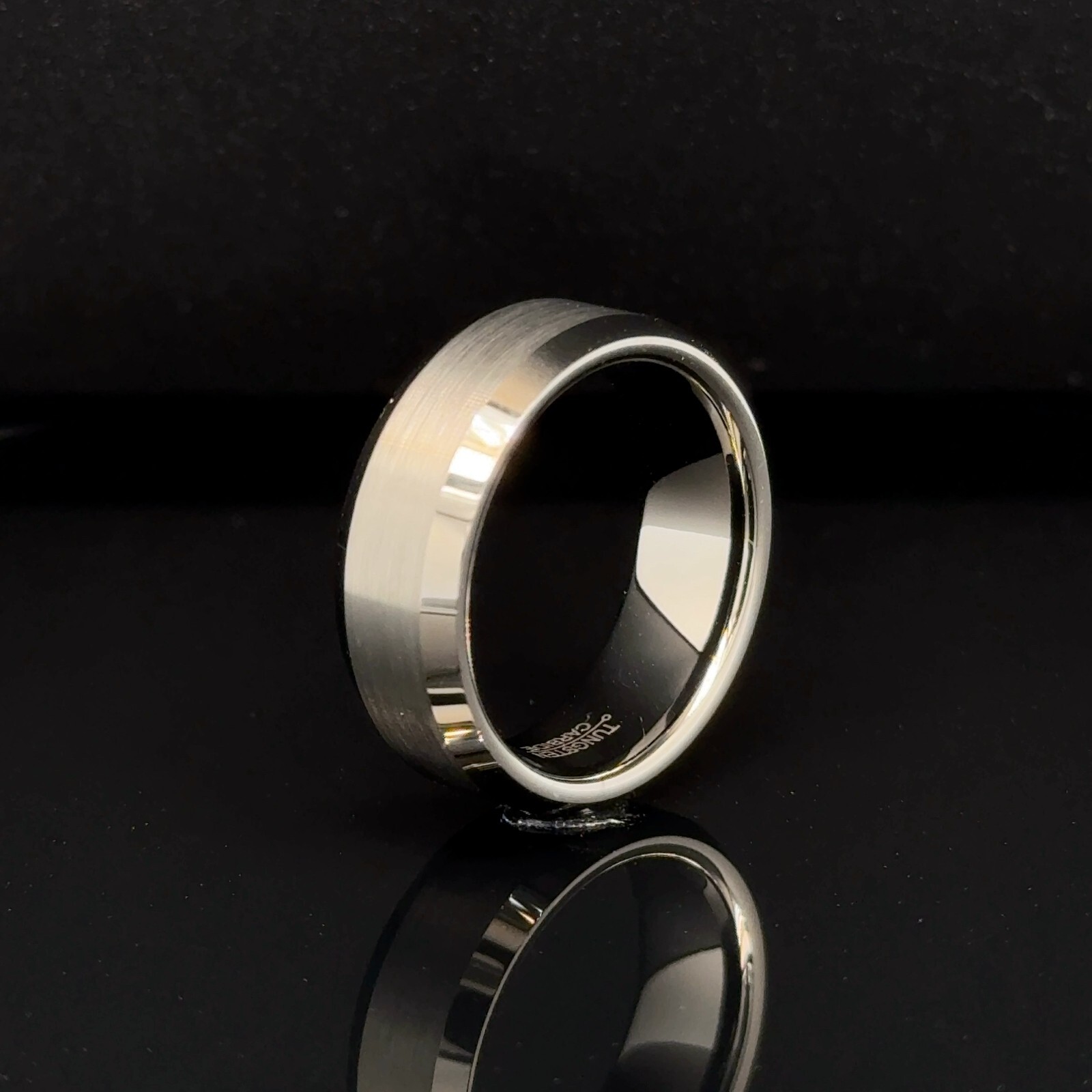 8mm Unisex Tungsten Carbide Engagement Ring Brushed Silver Beveled Edges Band