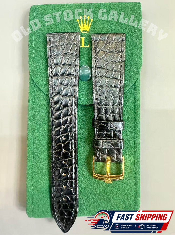 💎ROLEX Black Leather Crocodile Band 20/16mm With Rolex Crown Buckle Gold NOS