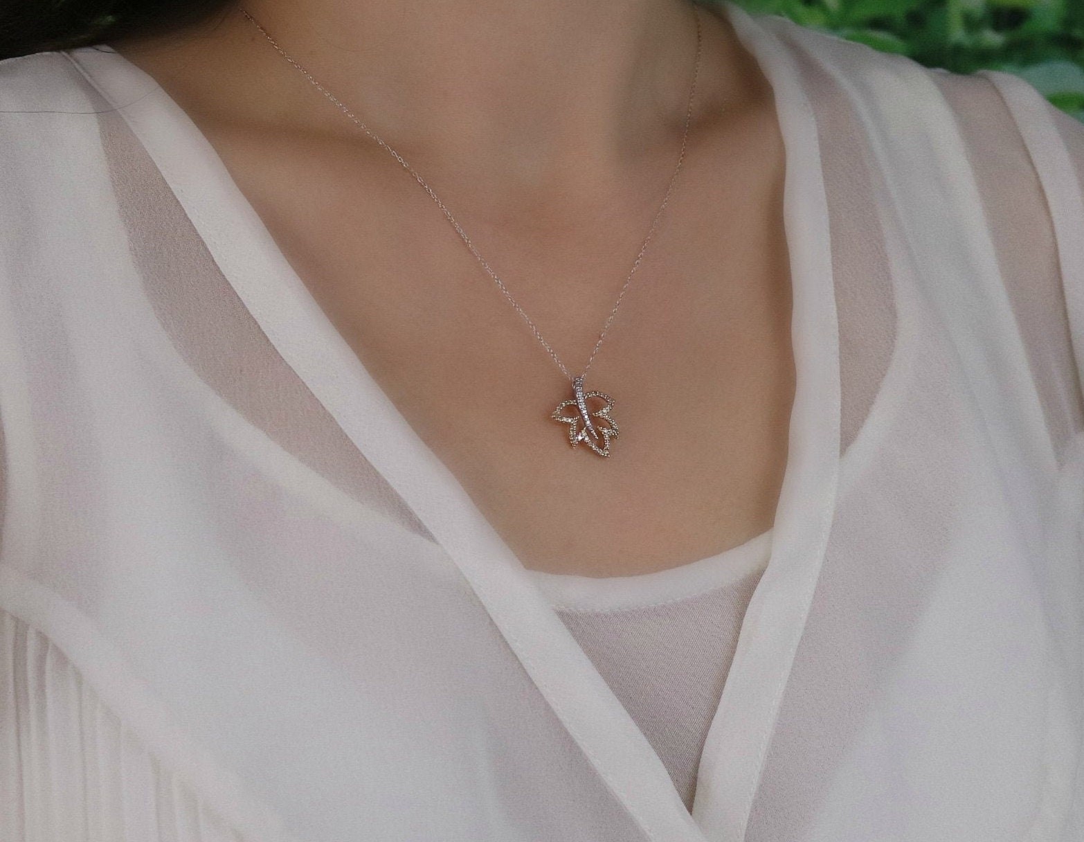 Pendant Only 14k White Gold and Yellow Gold Diamond Necklace Leaf 3/4″ x 5/8″