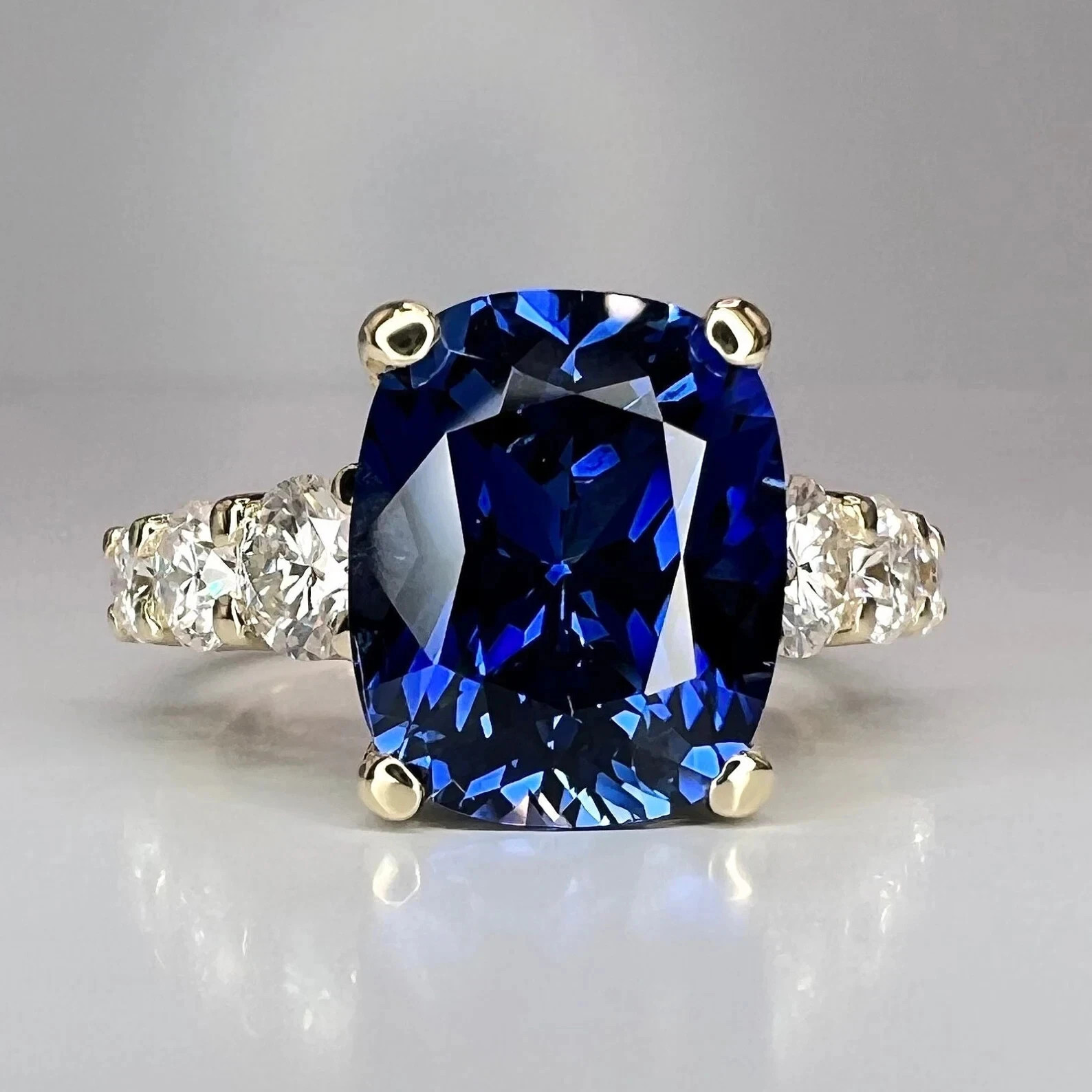 6.50 Ct Cushion Cut Natural Blue Sapphire Diamond Ring 14K White Gold Size 6 7 8