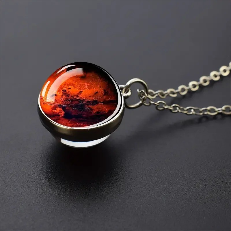 Double Sided Galaxy Planet Glass Ball Pendant Necklace Sun Earth Moon Mars
