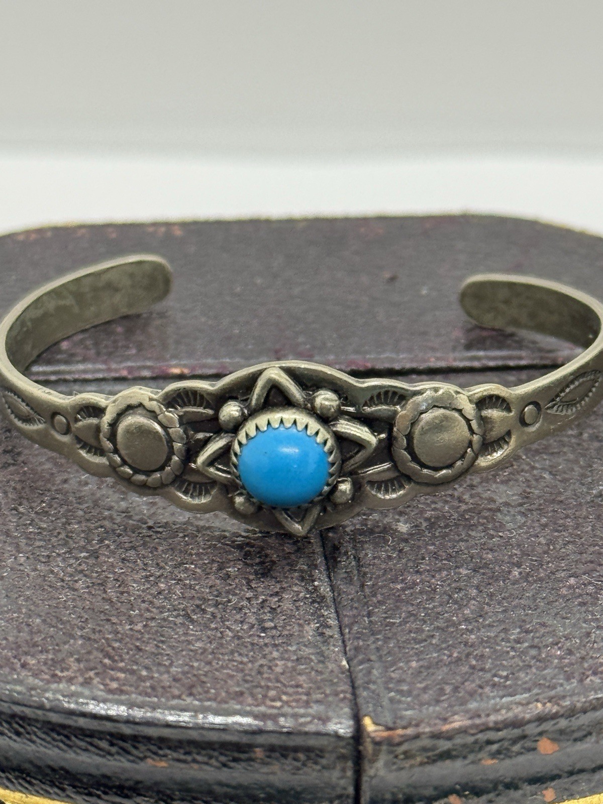 Vintage Navajo Turquoise Nickle Silver Cuff Bracelet Signed Bell Small 4 3/4″