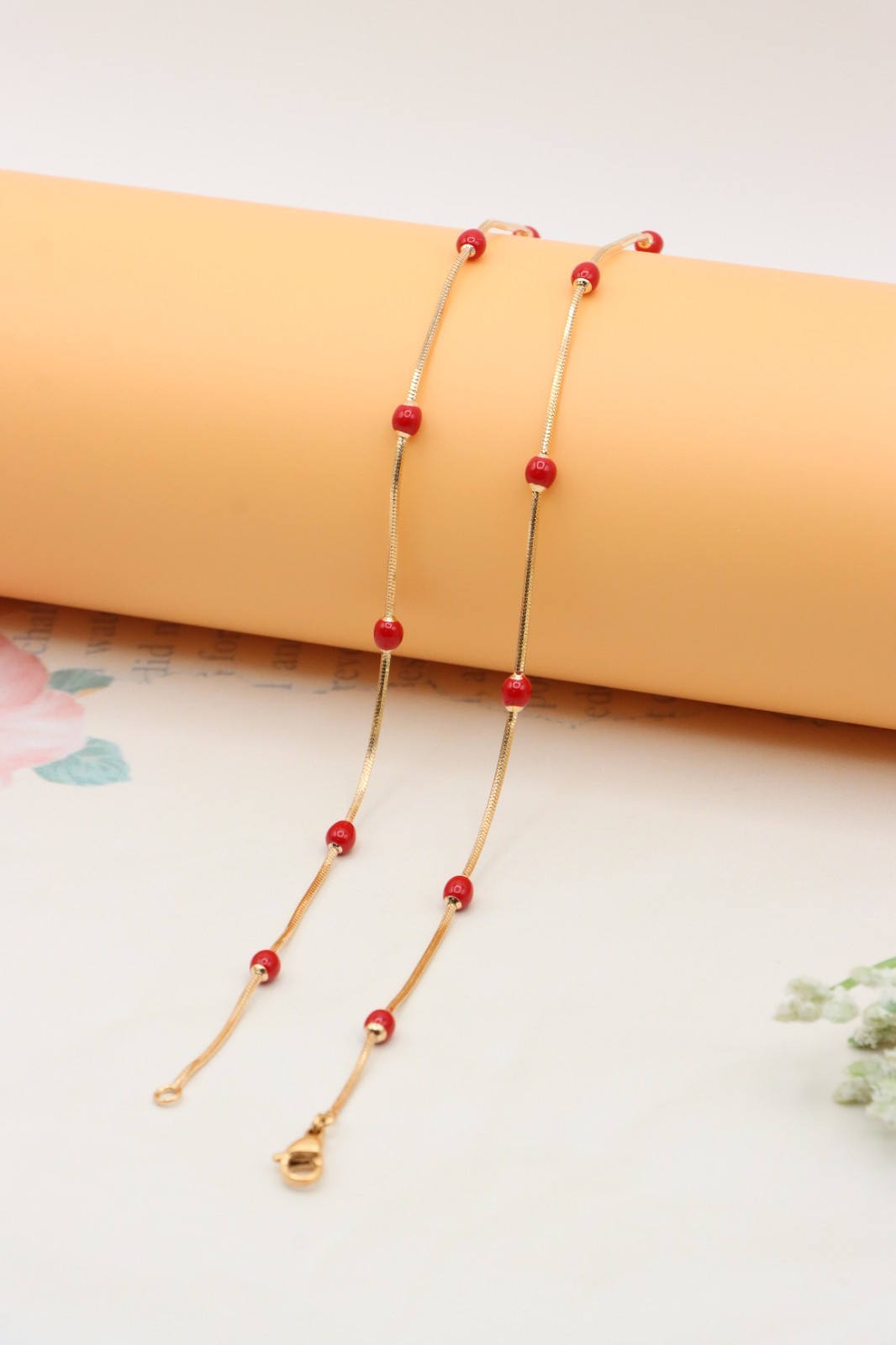 Delicate Yellow Gold Plated Necklace with Red Beads, XPNL0302