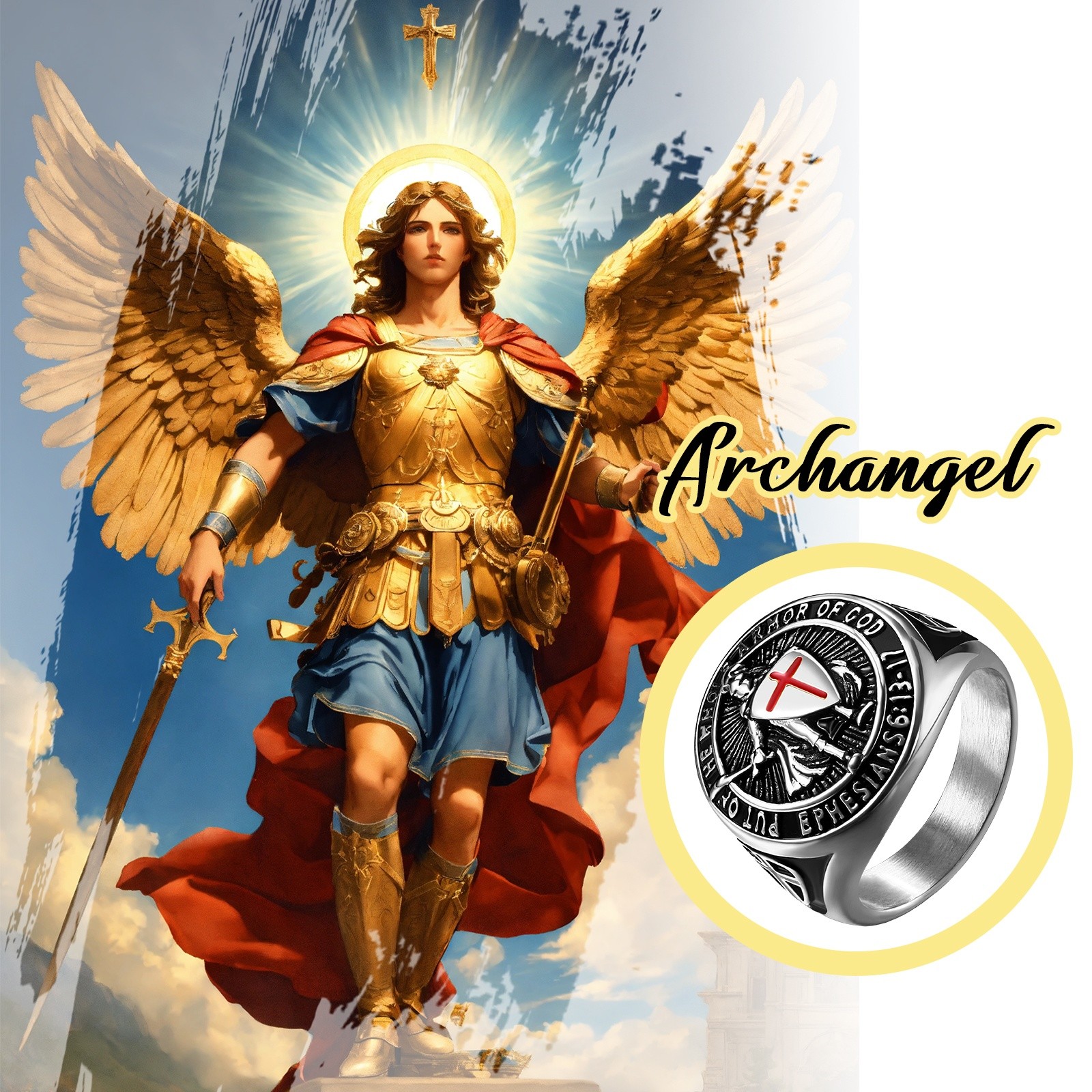 Men Archangel St Michael Shield Guardian Stainless Steel Signet Ring #8-13