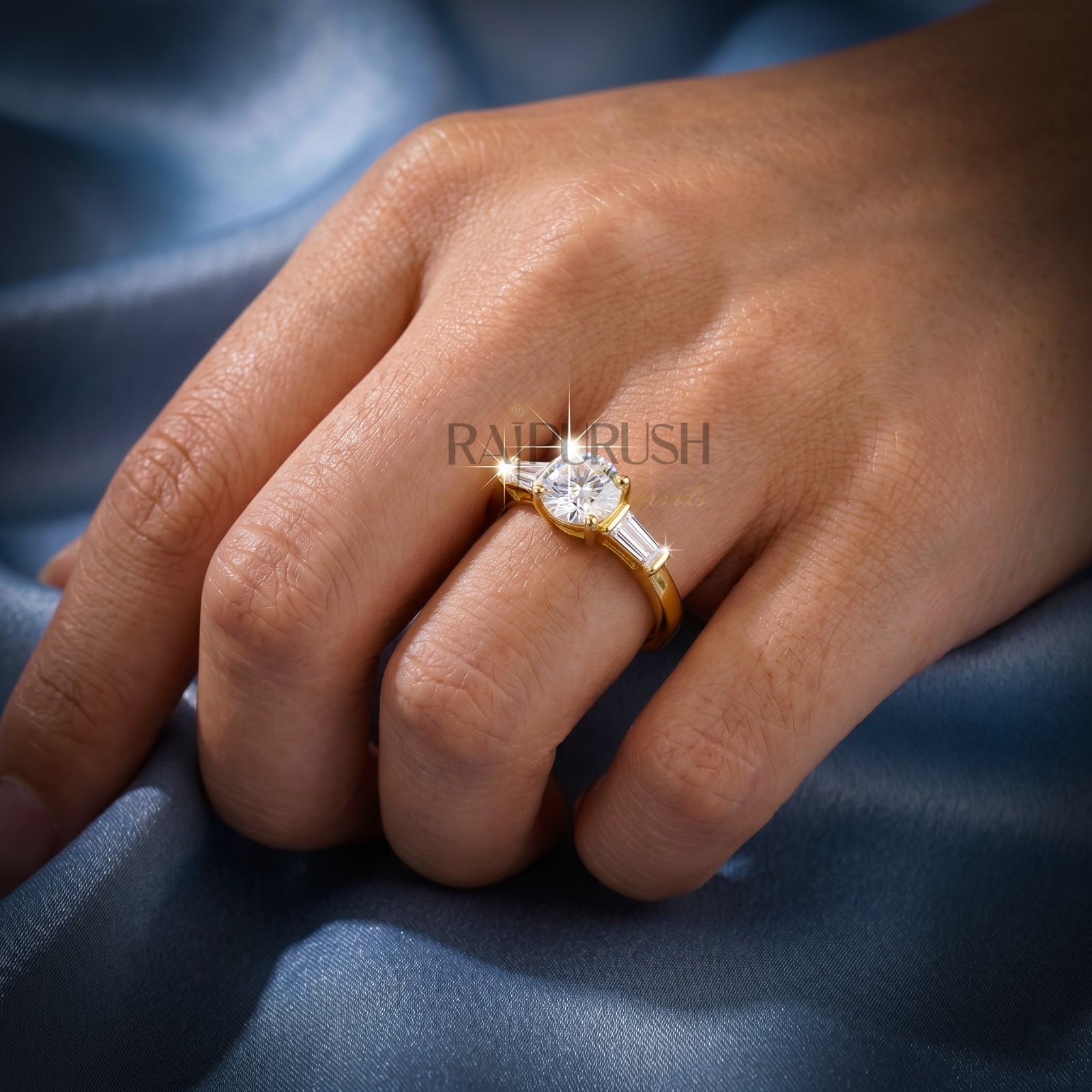 Round Moissanite Three Stone Engagement Ring Baguette 14K Gold Plated in Silver