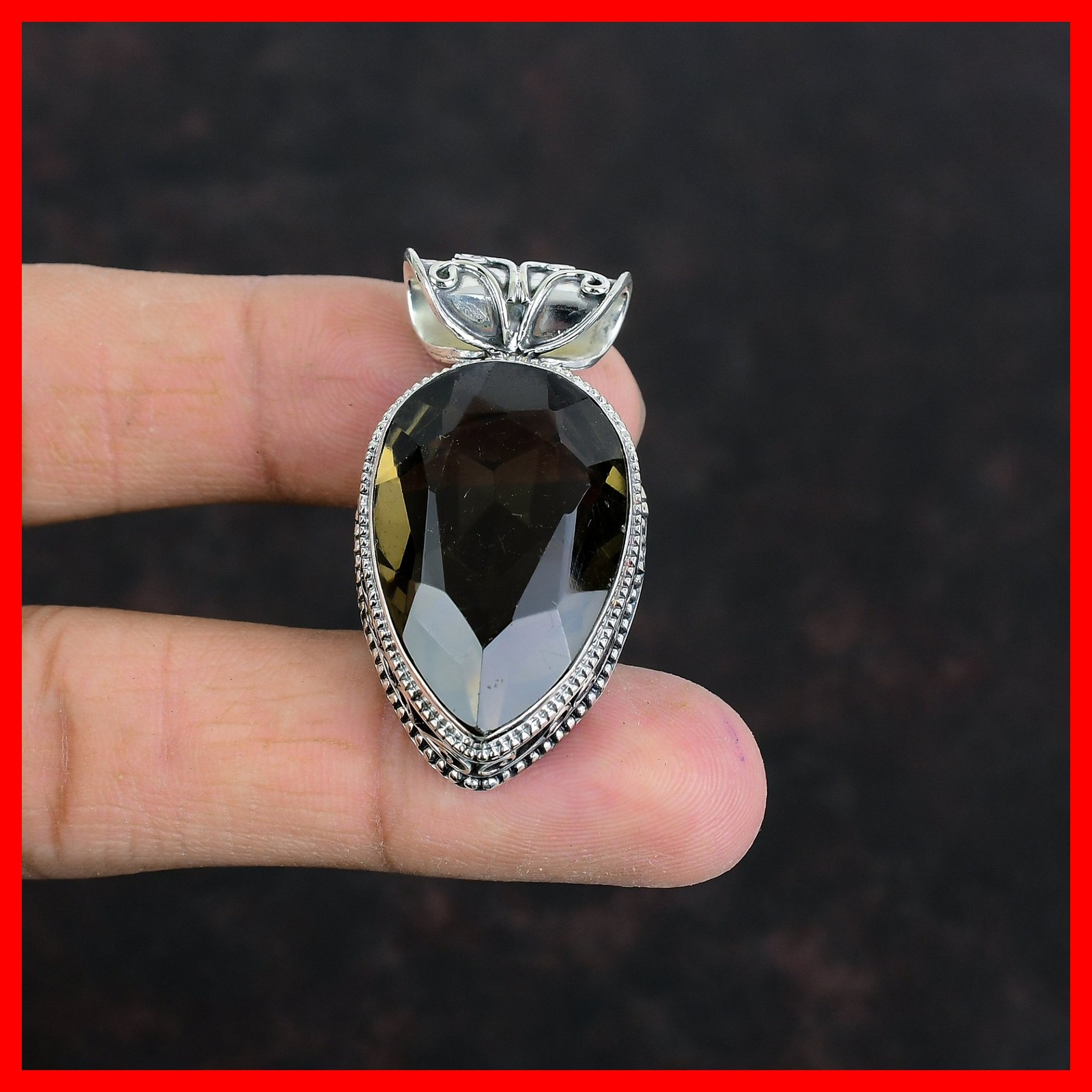 Pear Smoky Quartz Stone 925 Silver Wife New Vintage Anniversary Artisan Pendant