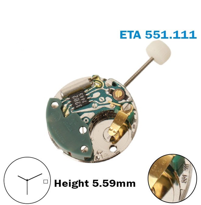 ETA 551.111 Swiss Movement-Height:5.59mm-White Date At 3-3 Hands.
