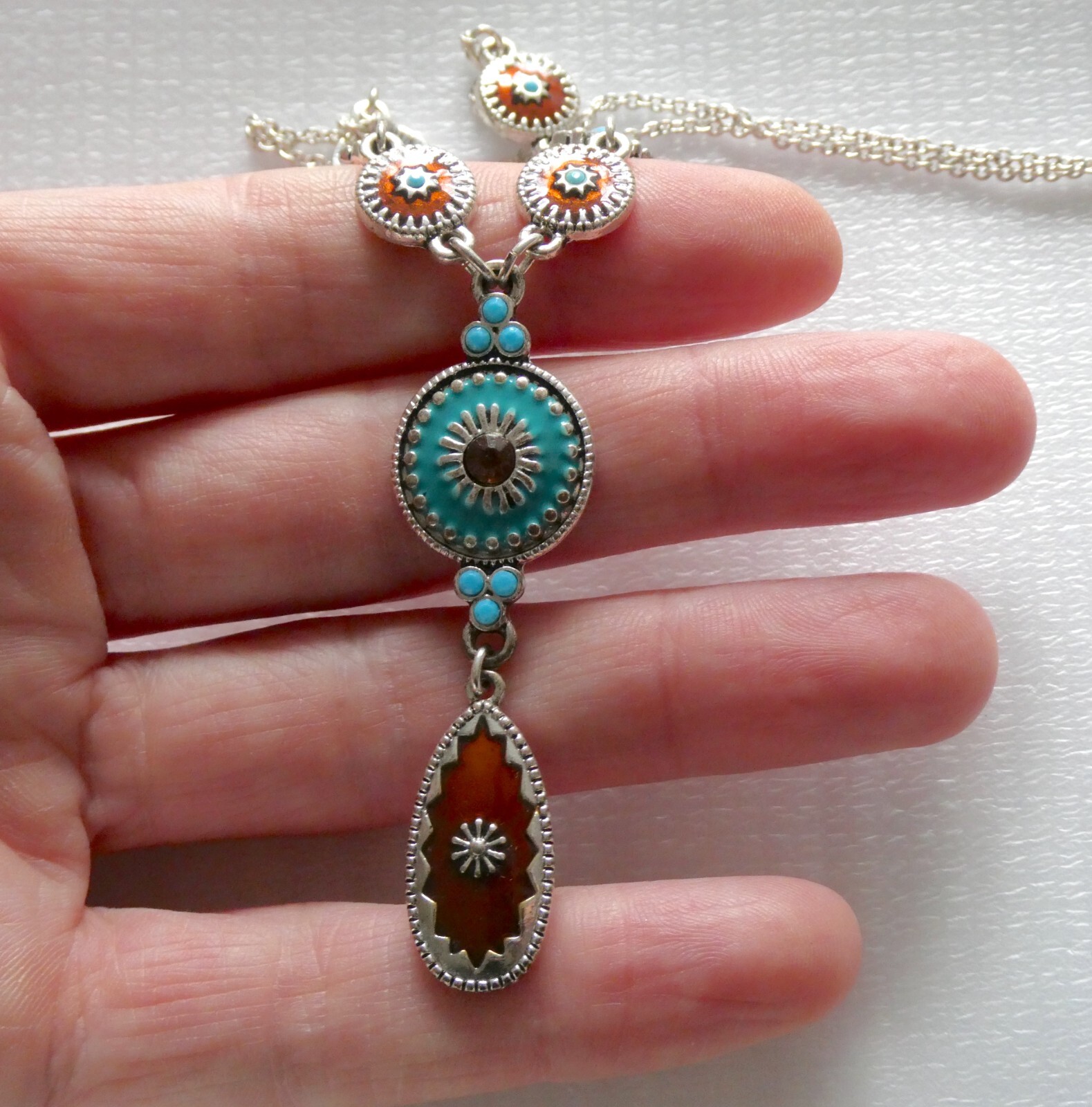 NAT Designer Southwestern Silvertone Metal and Enamel Blue and Brown Necklace
