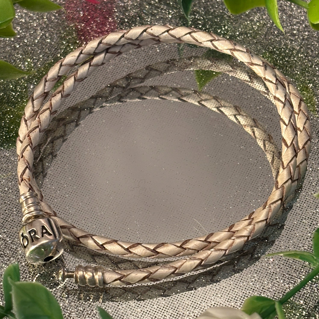 Pandora 💖 Double Braided Champagne White Leather Bracelet (38cm) 🌟💫