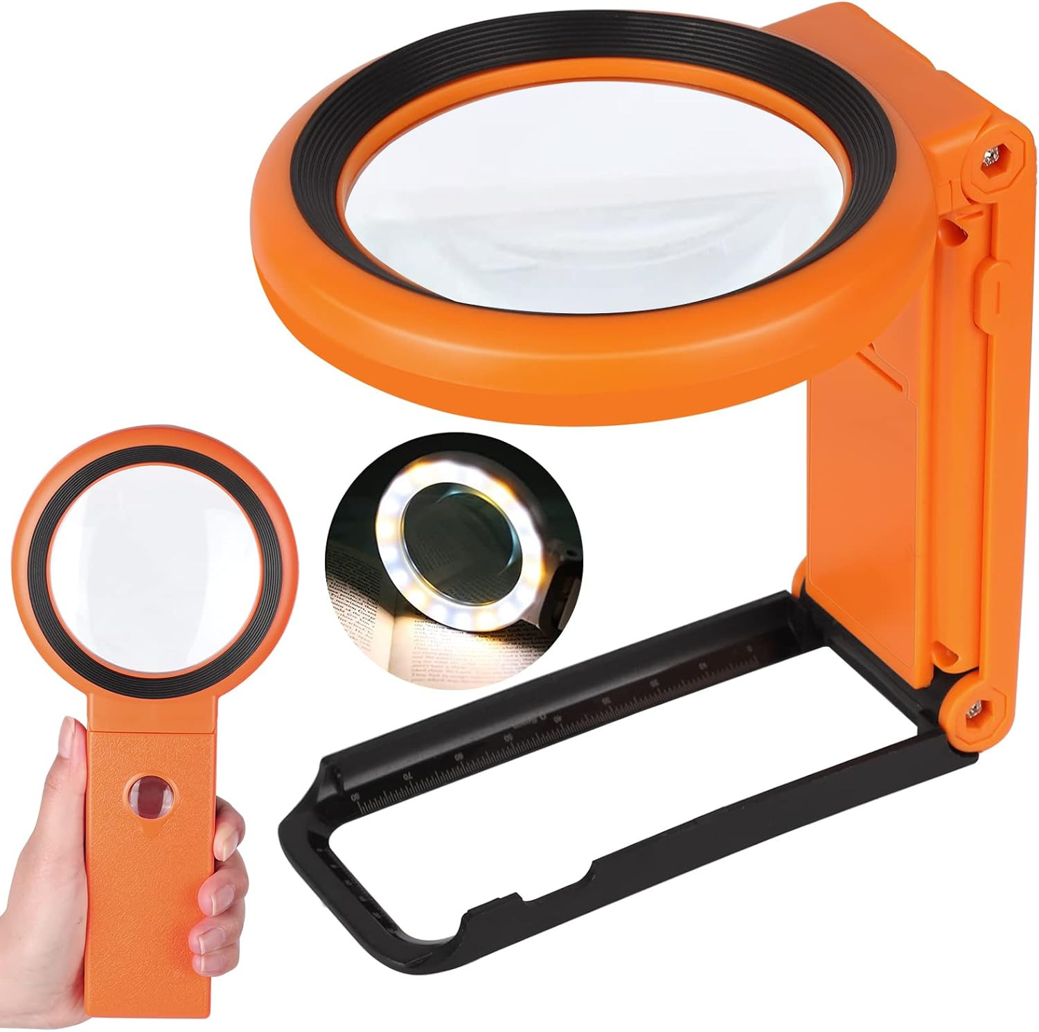 Magnifying Glass with Light and Stand, Foldable Handheld Magnifying Glass 18 LED