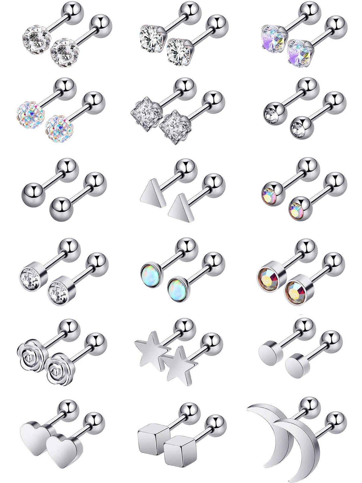 18 Pairs Stainless Steel Stud 18 G/ 1 mm with 4 Screw Ball, Color