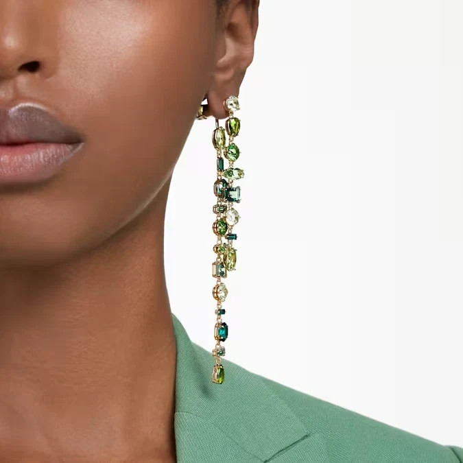 Swarovski Gema Asymmetric Drop Earrings Green Crystal Gold Tone Plated