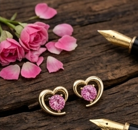 3ct Round Simulated Pink Ruby Cute HEART Stud Silver Earrings Yellow Gold Plated
