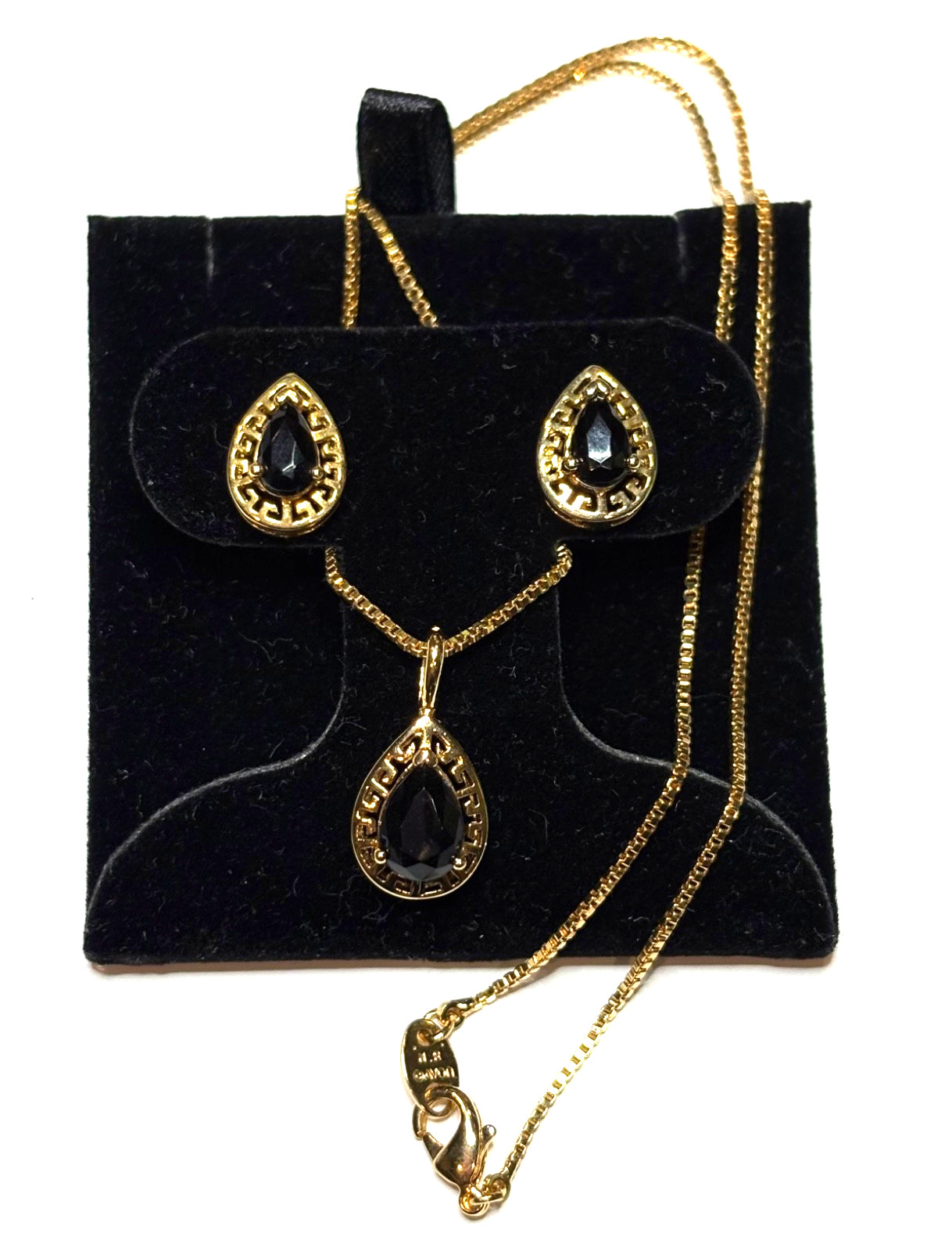 AVON Necklace Pendant Earring Set Goldtone Greek Border Black Onyx Teardrop VGC