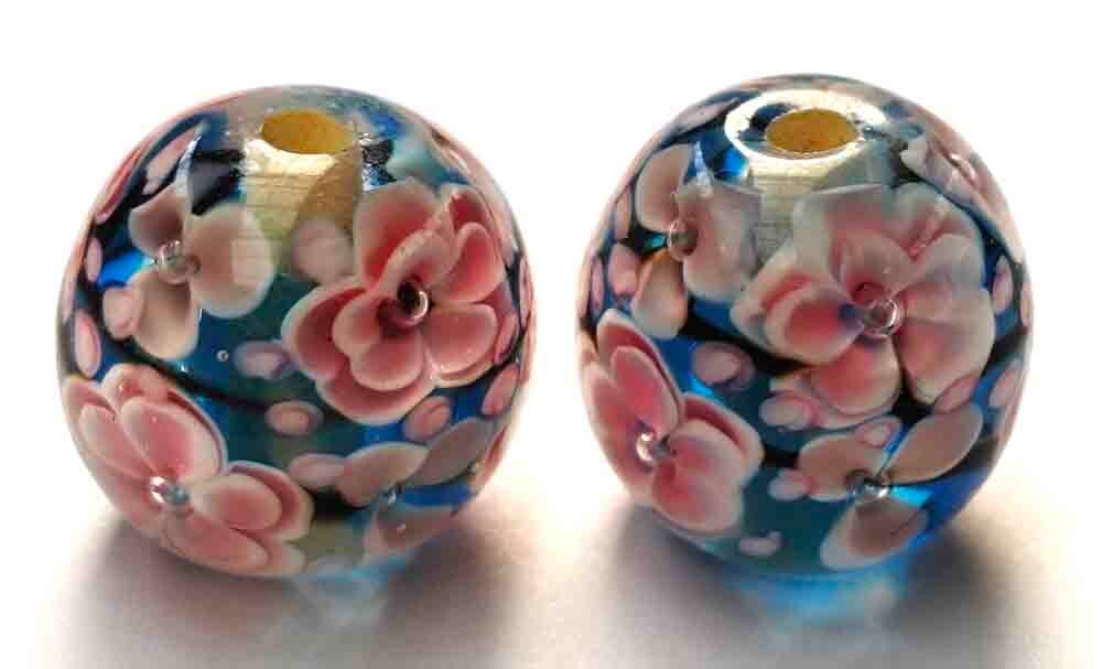10pcs handmade Lampwork glass beads glass Pink Plum on blue 14mm