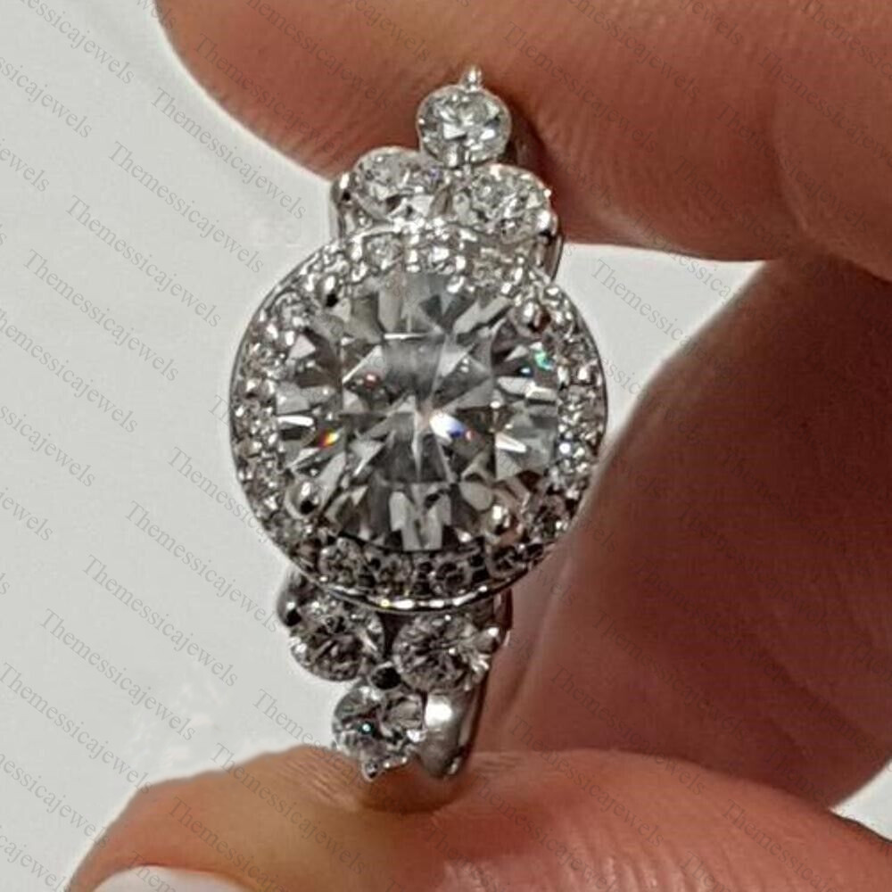 1.8 Carat Round Cut Real Moissanite Halo Engagement Ring 14K White Gold Plated