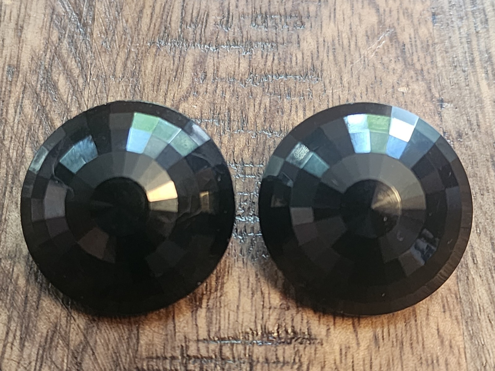 Vintage Germany Jet Black Faceted Button Style Round Clip On Earrings