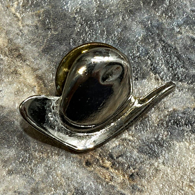 Silver Tone Cowboy Hat Lapel Pin Textured Metal Gold Tone Shell Clutch Back