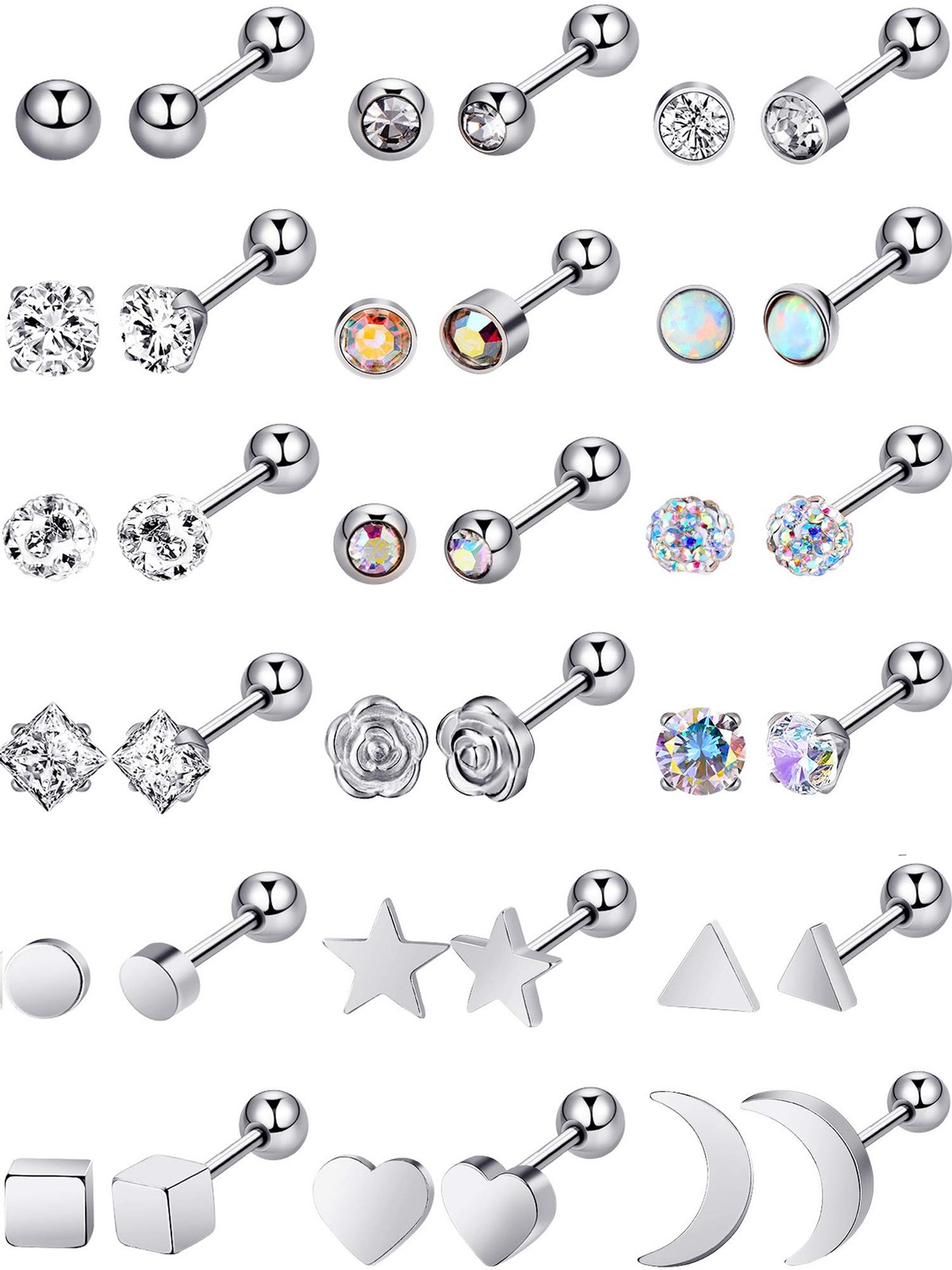 18 Pairs Stainless Steel Stud 18 G/ 1 mm with 4 Screw Ball, Color