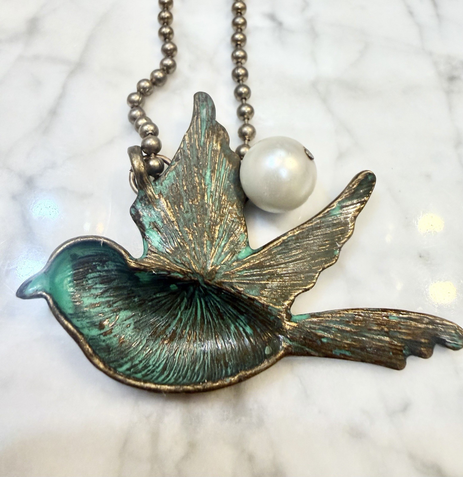 Antique style Hummingbird necklace Turquoise patina Bronze + lg Pearl Statement