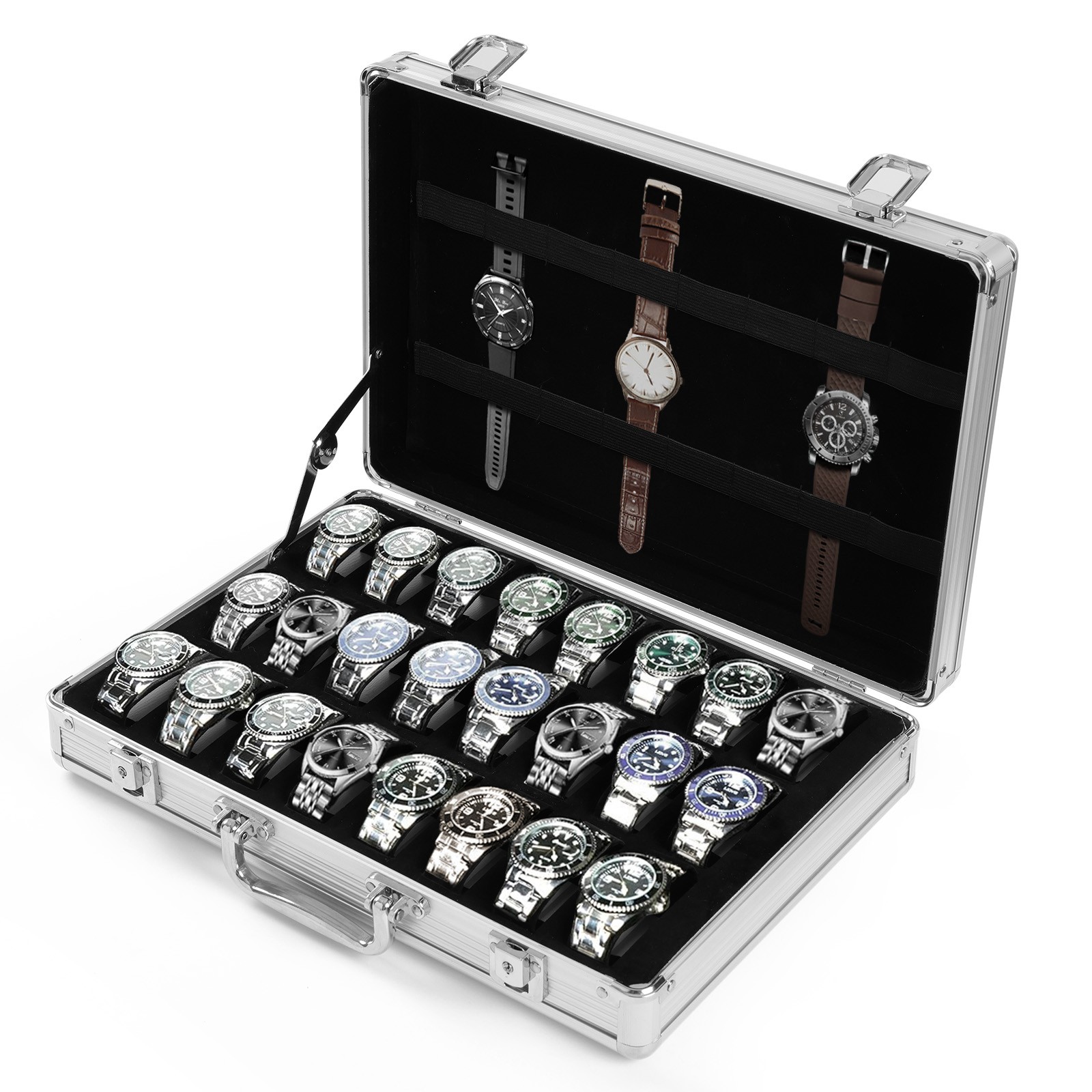 24 Grid & 8 Slots Aluminum Watch Display Case Lockable Jewelry Storage Showcase