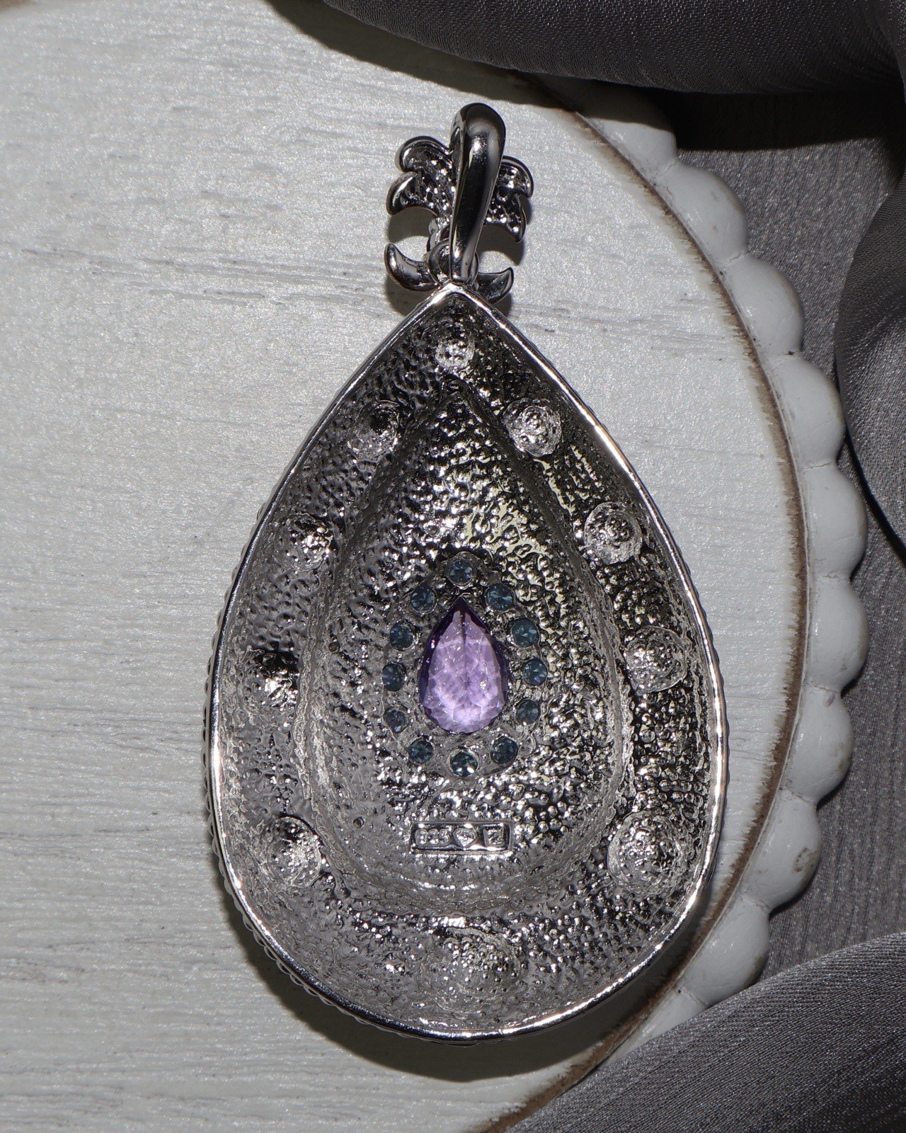 Sterling Enamel Amethyst & Blue Topaz Teardrop Pendant 28.58G / 2.8in