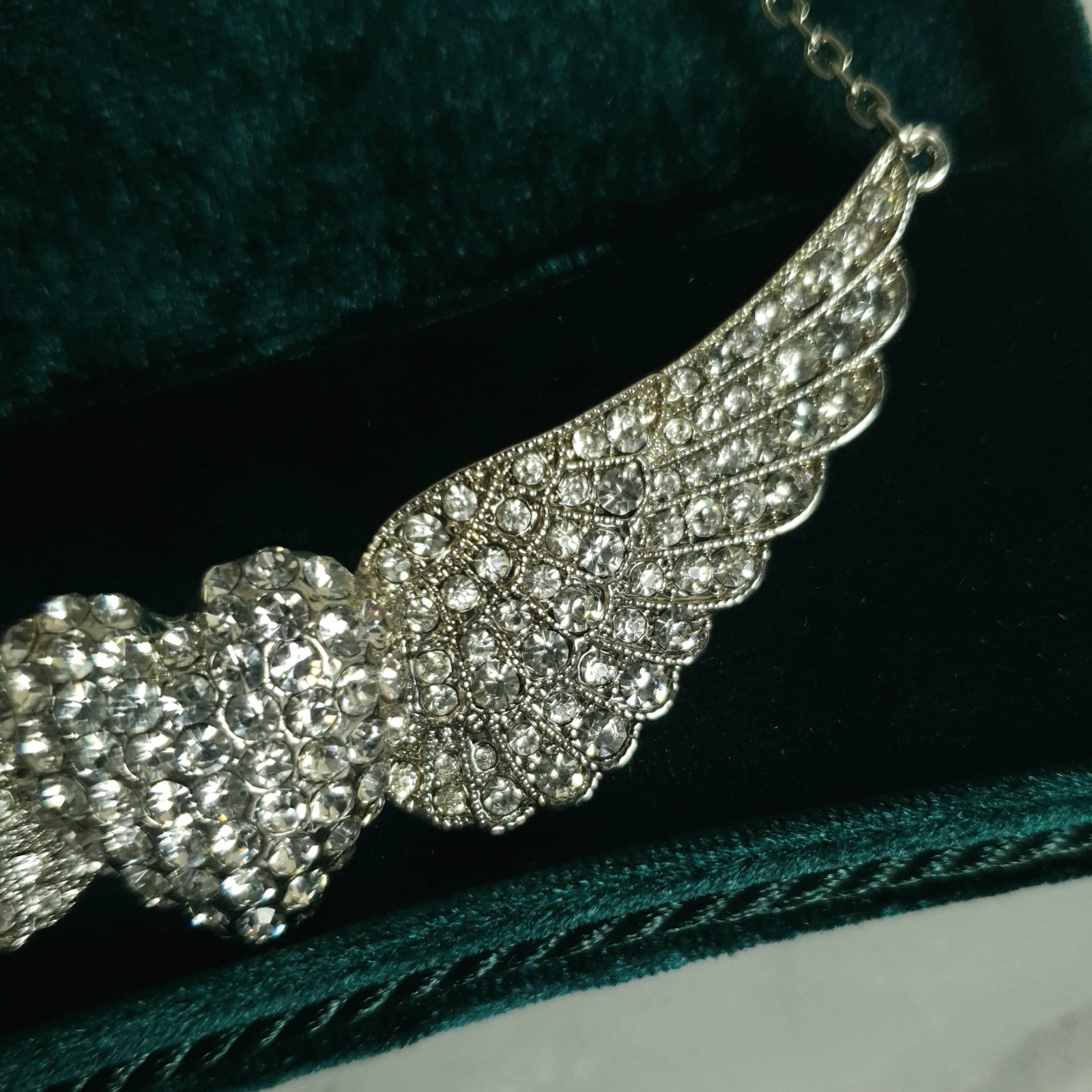 Mikey Crystal Angel Wings Heart Necklace Silver Tone Statement New Unworn Gift