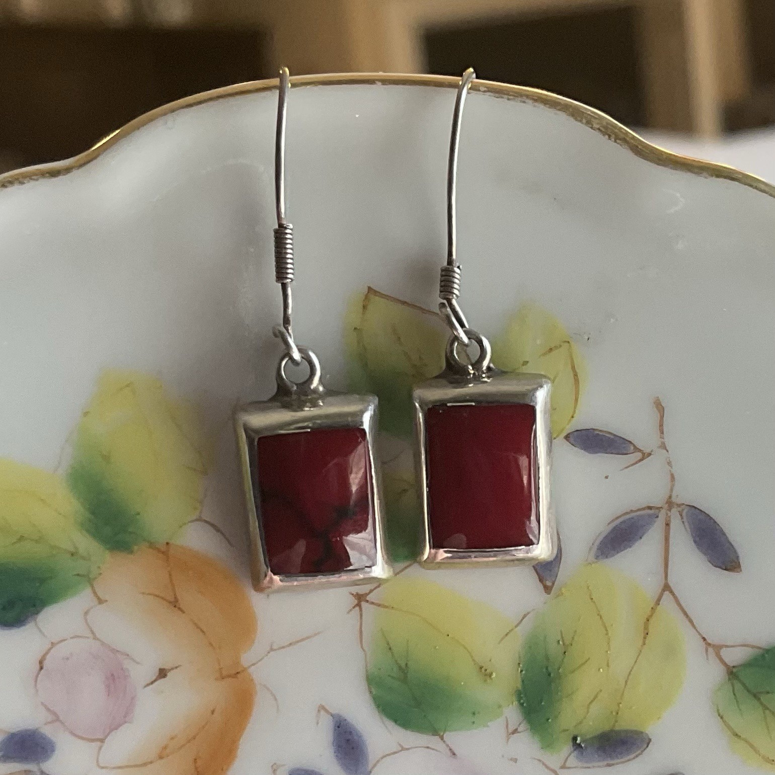 Sterling Silver 925 Red Jasper Dangle Earrings – Rectangular Cabochon – Artisan