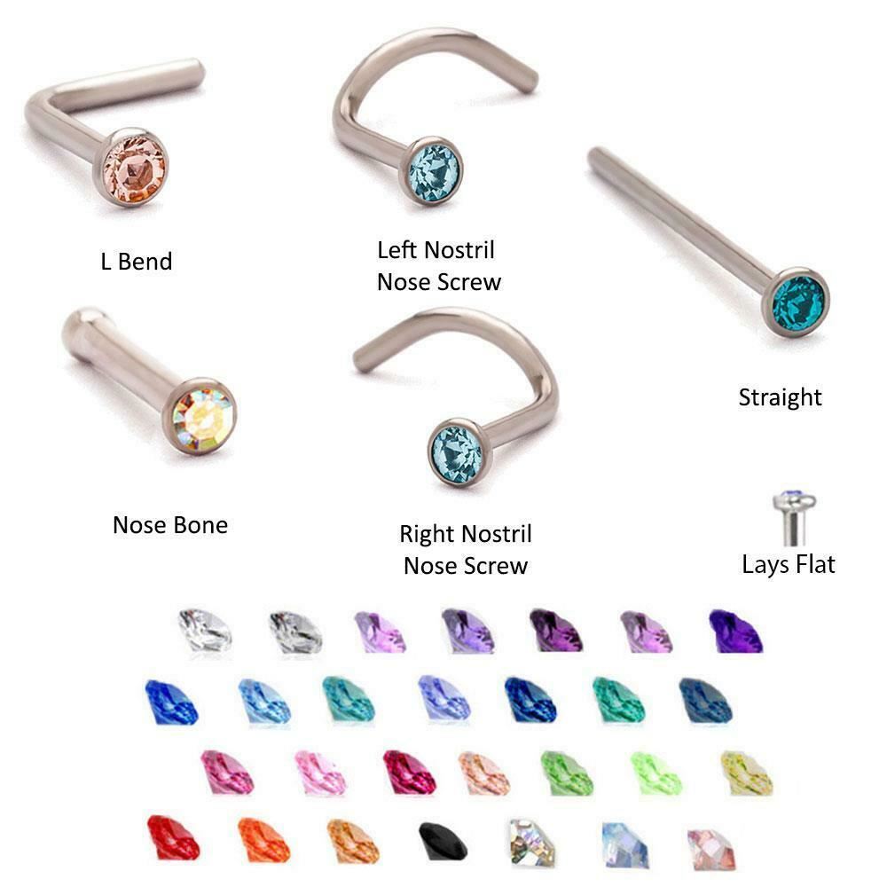 316L Surgical Steel Straight Screw LBend Nose Bone Stud Ring 1.5mm 2mm Bezel 20G