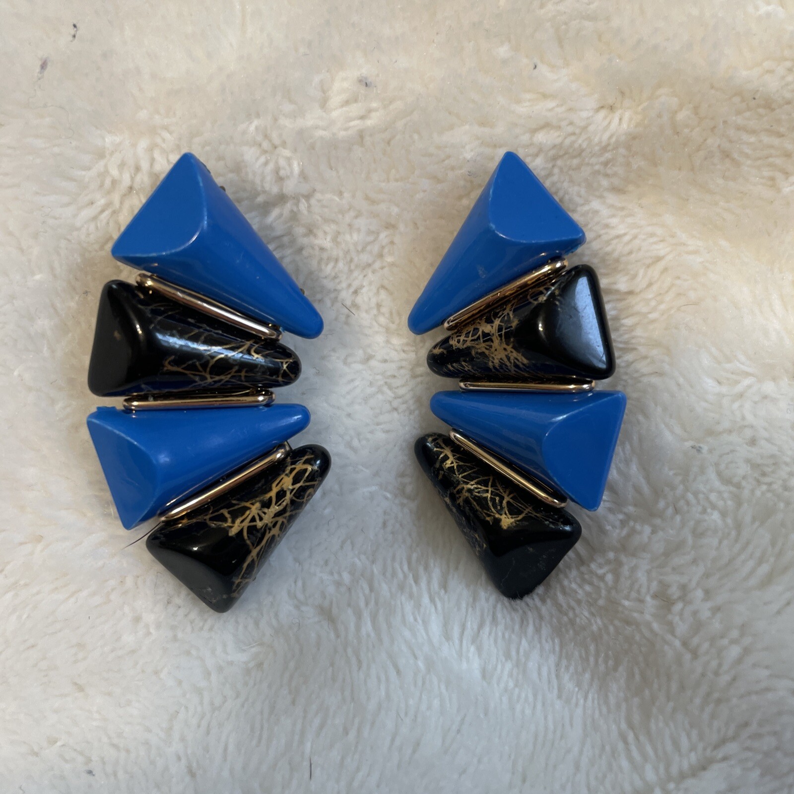 Western Germany Earrings VTG Signed Lucite Blue Black Gold Beaded Nice Clip Rare