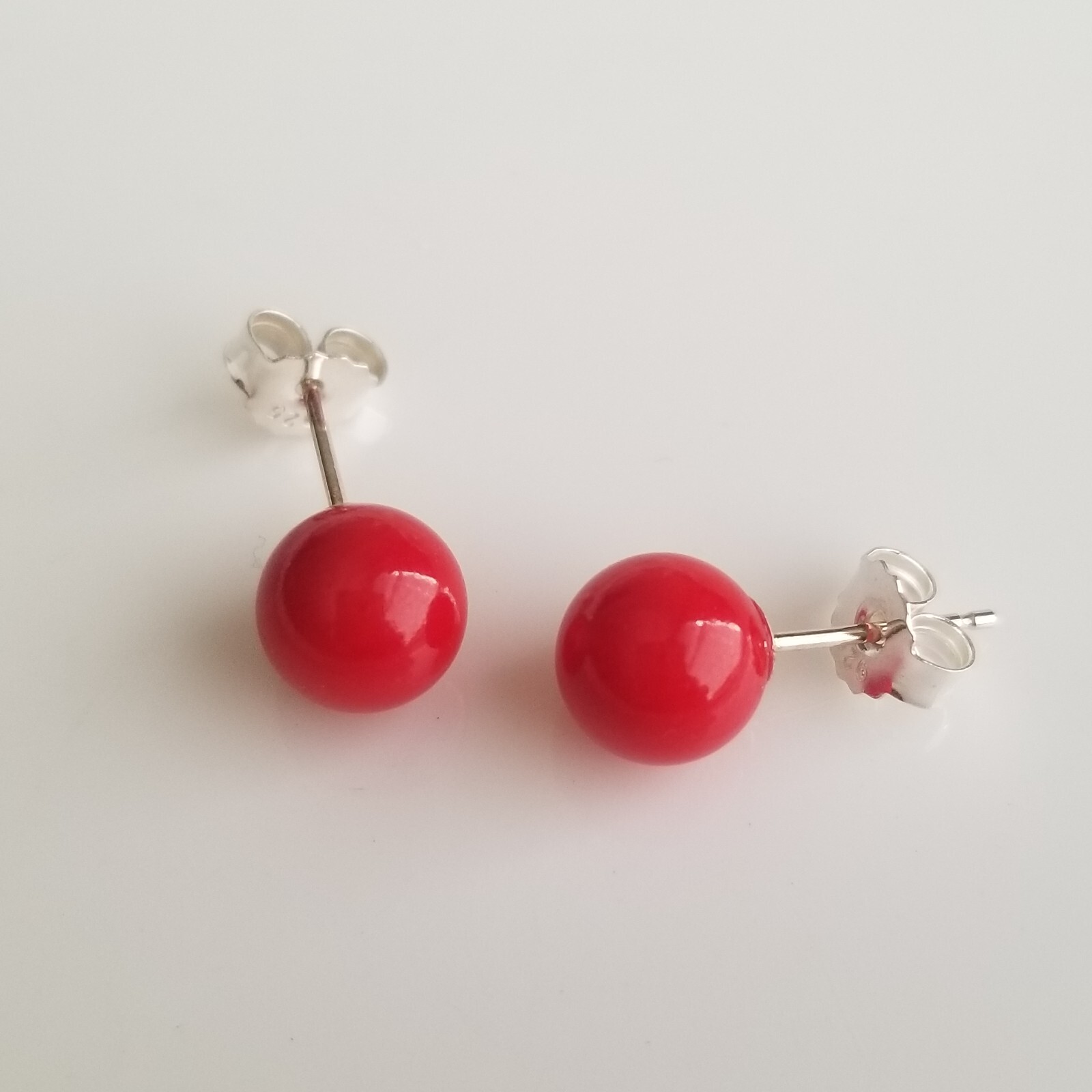 Natural Bamboo Red Coral 6mm Round Ball Stud Earrings Solid 925 Sterling Sliver