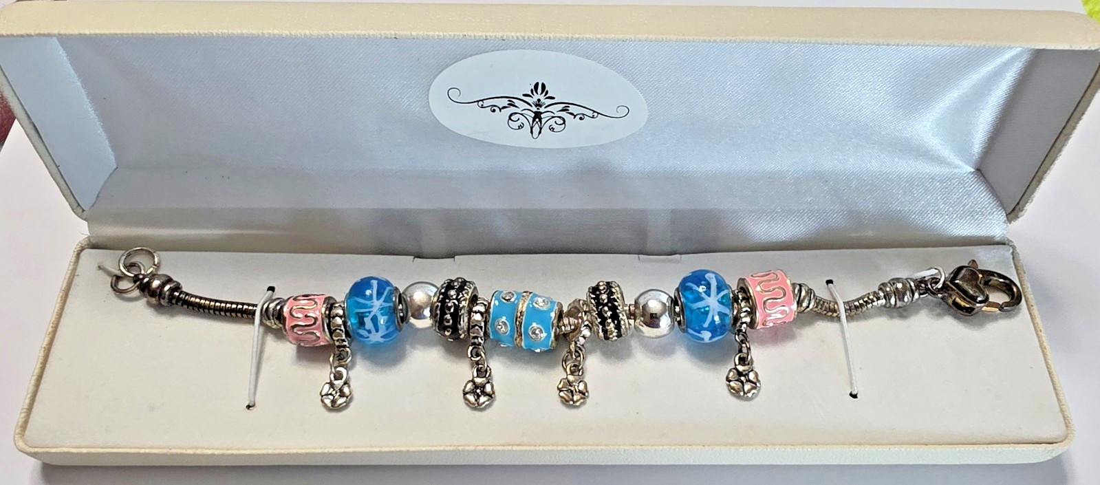 Charm Bracelet Sliver Toned with Blue Painted Glass, Pink & Silver Toned Charms