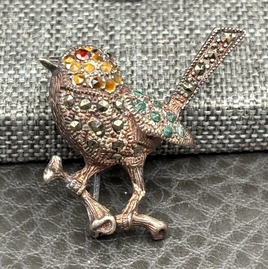 Vintage Sterling Silver 925 Bird Brooch Pin Marcasite Green Red Yellow Crystal