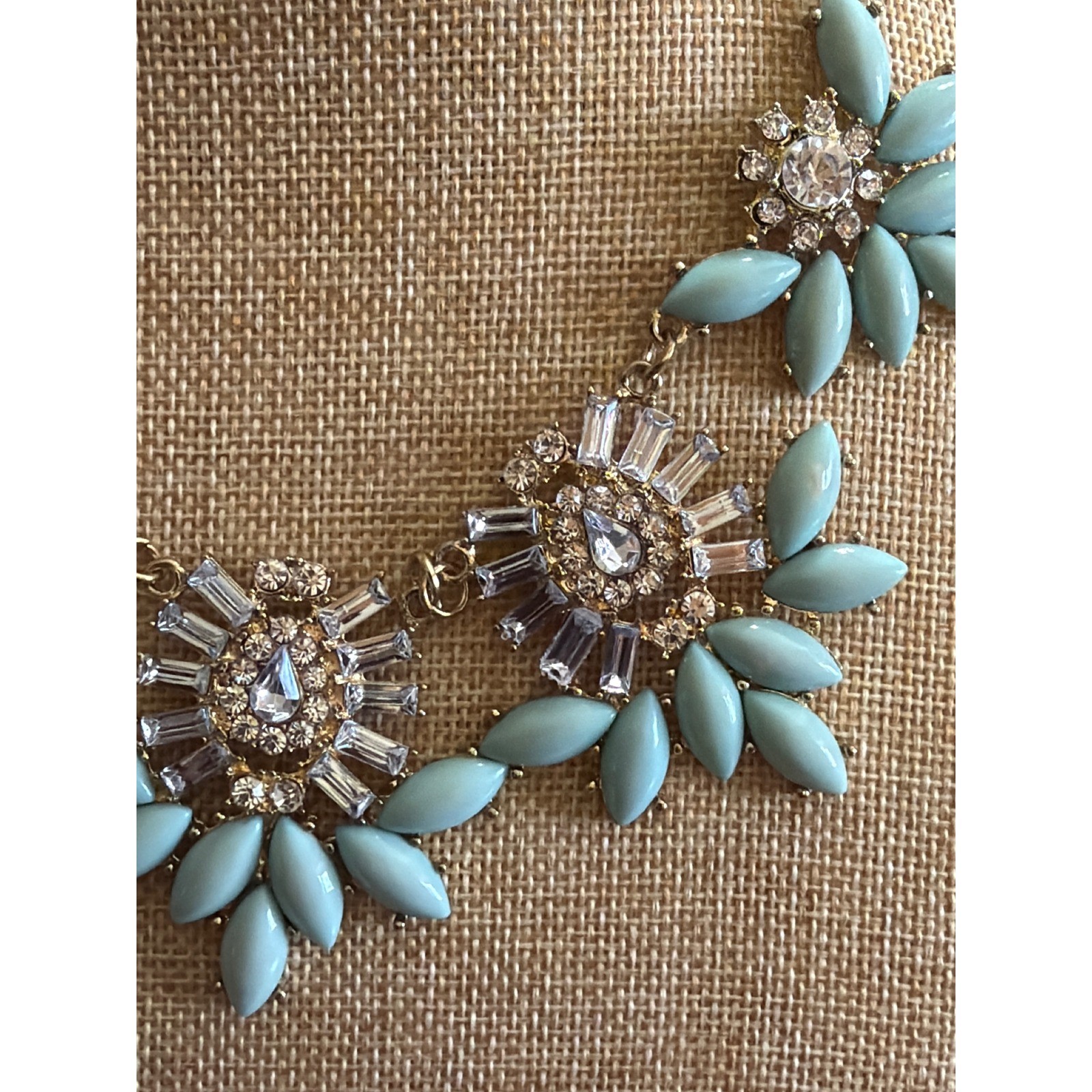 Light Blue Gold Tone Floral Bib Statement Necklace Rhinestone Crystal Sunburst