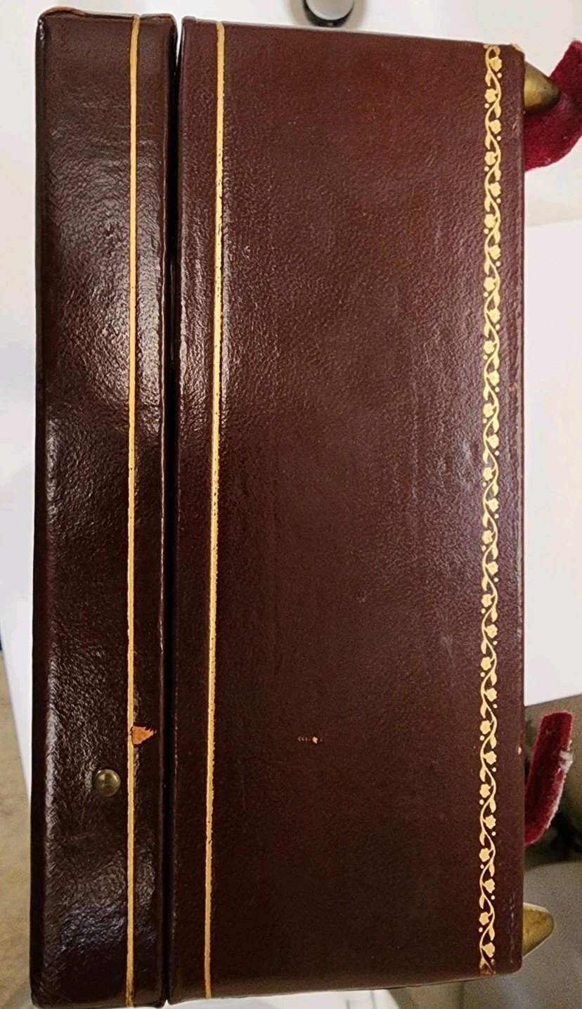 Vtg Switzerland Burgundy/Gold Leather Jewelry Music Box-10.24×7×3.5″ Runs Well