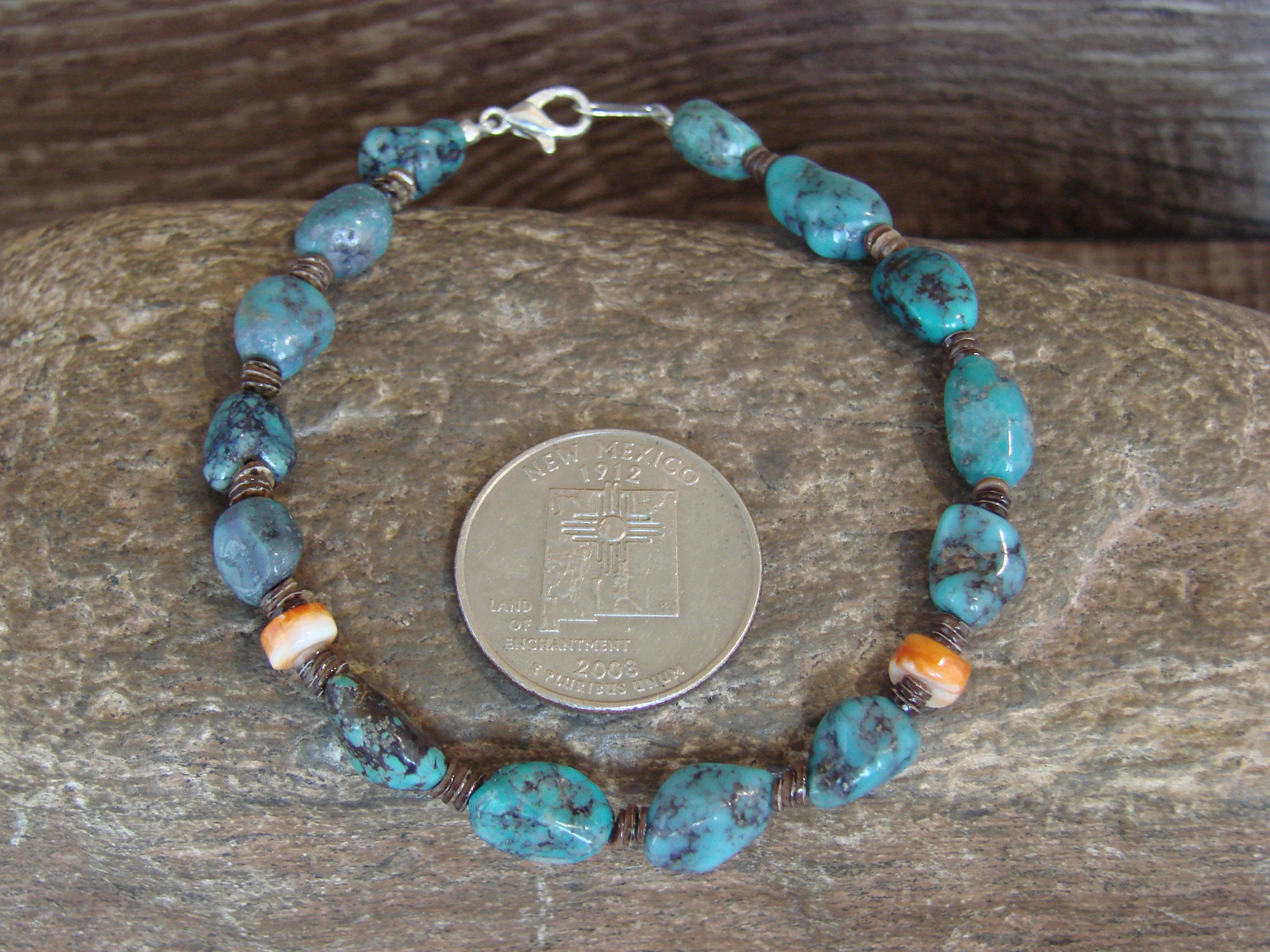 Native American Sterling Silver Turquoise & Spiny Nugget Stone Bracelet by Coriz