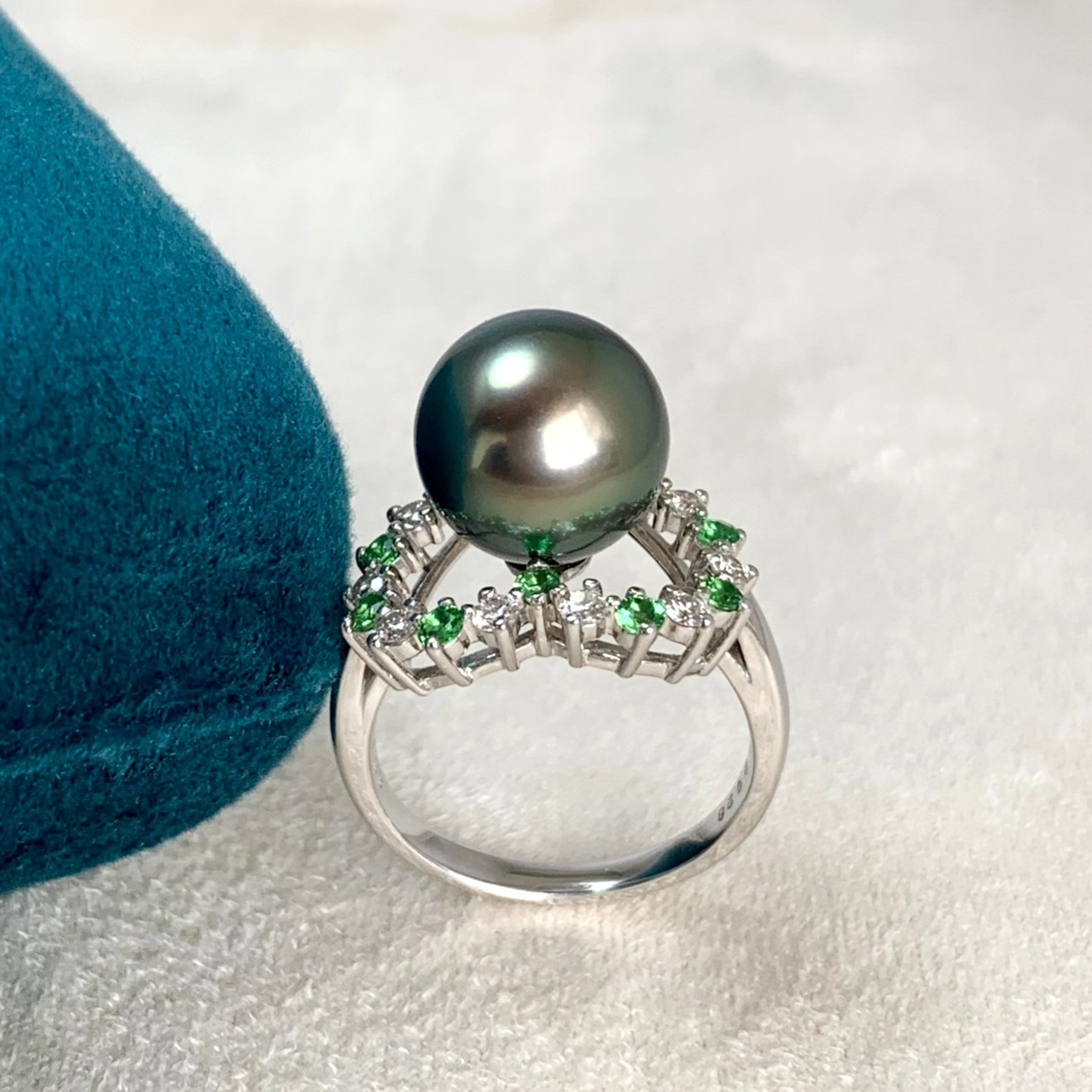 AAA 10.8mm Peacock Tahitian Pearl Ring Diamond & Tsavorite 18K Solid White Gold