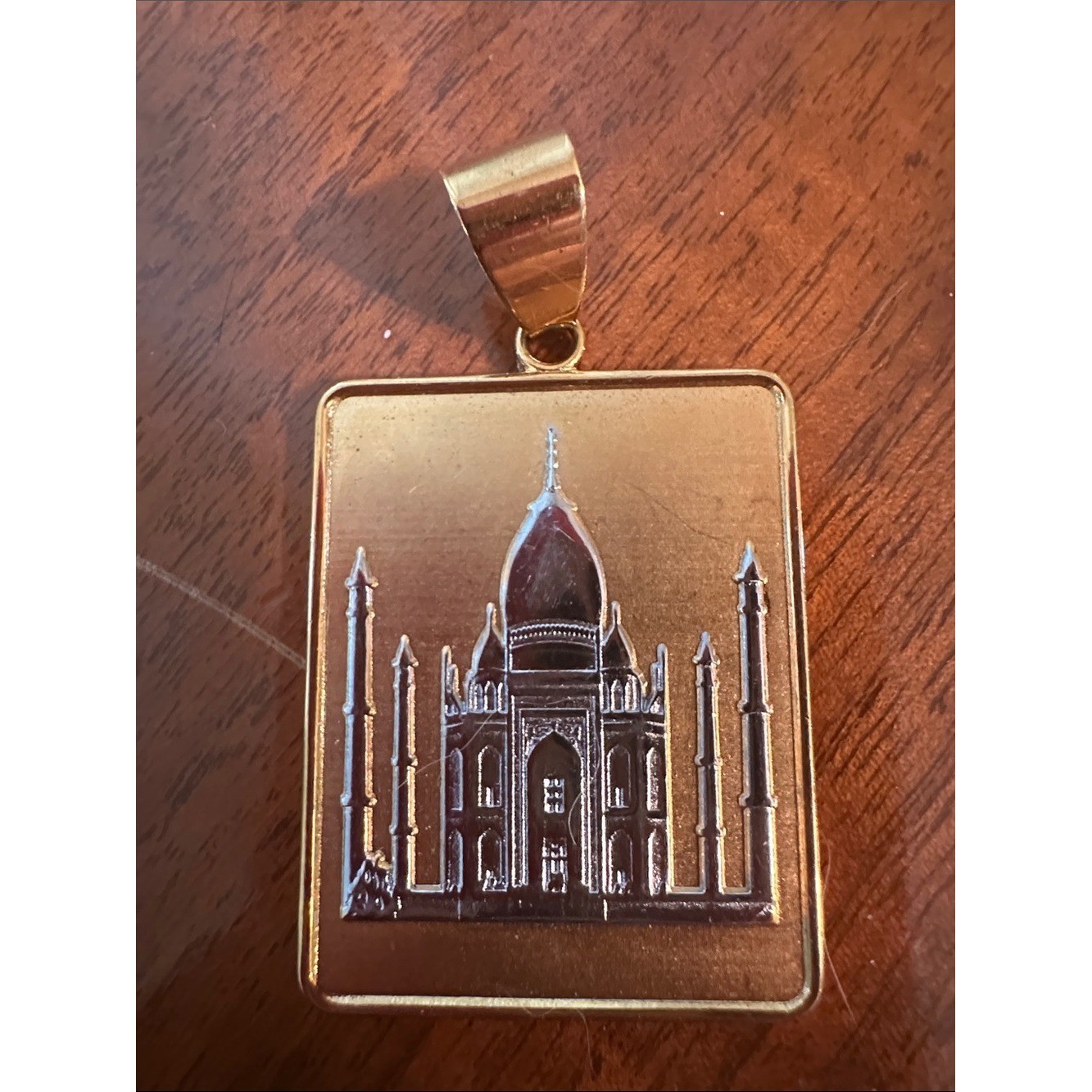 Taj Mahal Rectangular Gold & Silver Tone Pendant