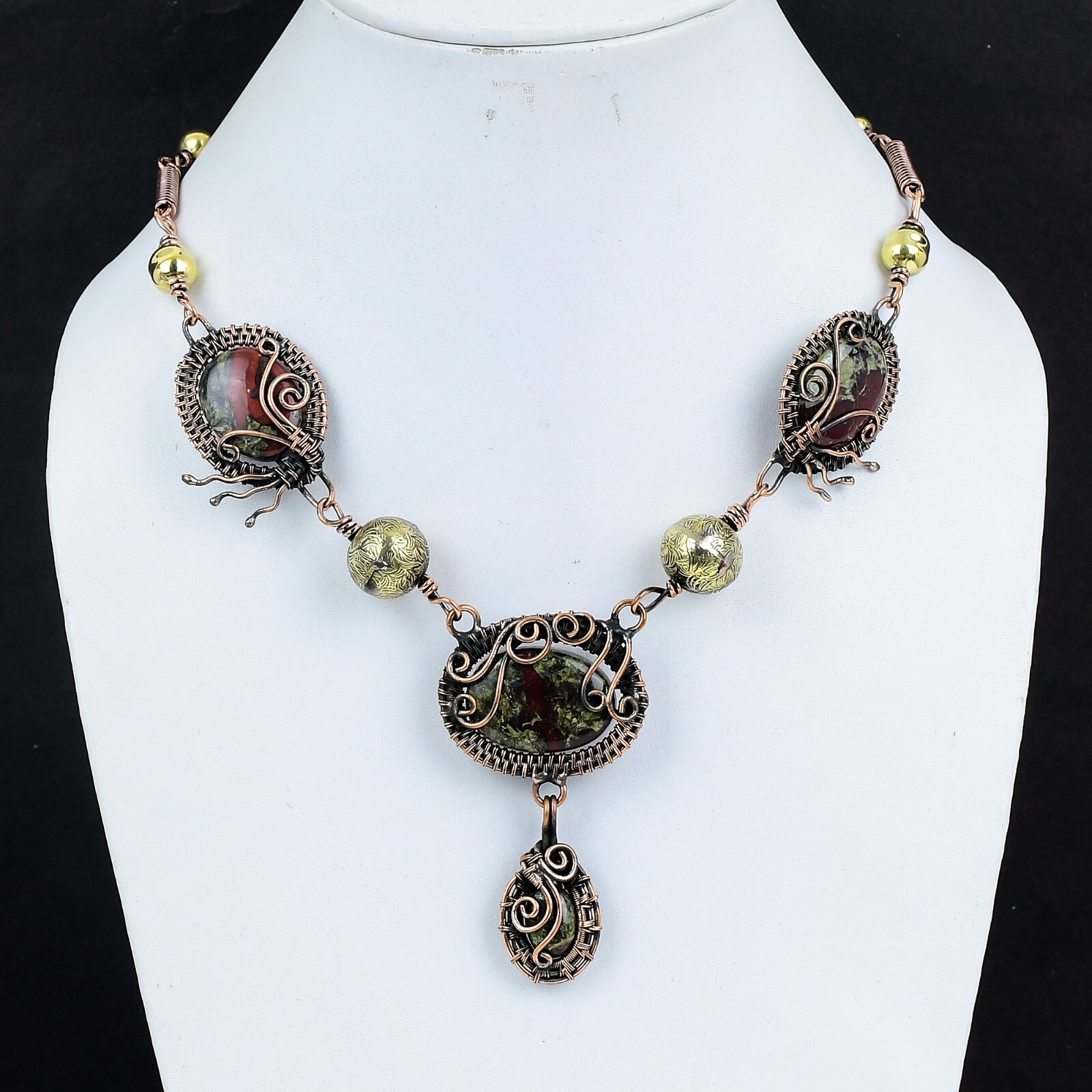 Dragon Bloodstone Wire Wrapped Chain Adjustable Necklace Copper For Women 18.0″