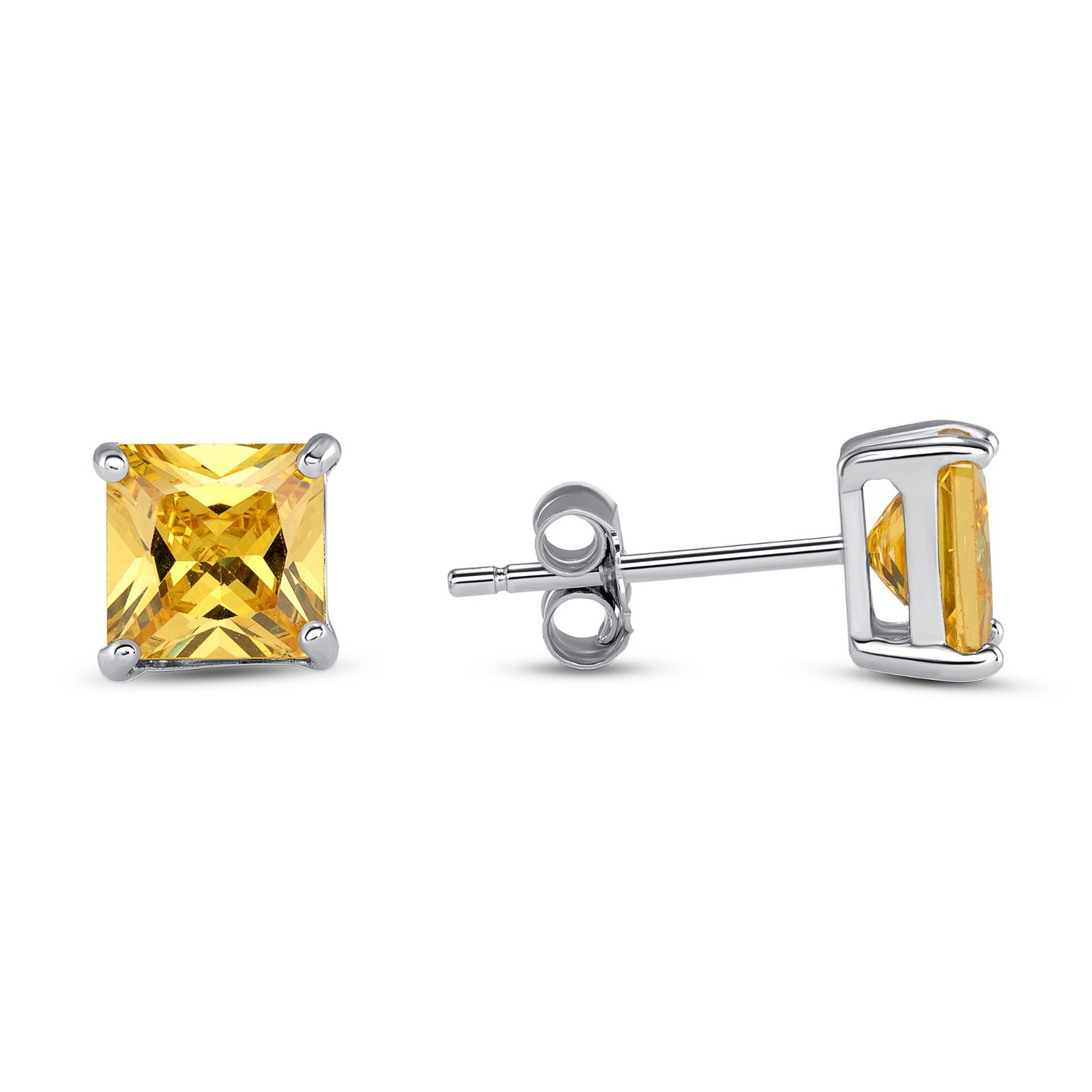 NOVEMBER BIRTHSTONE YELLOW TOPAZ CZ PRINCESS STUD EARRINGS 925 STERLING SILVER