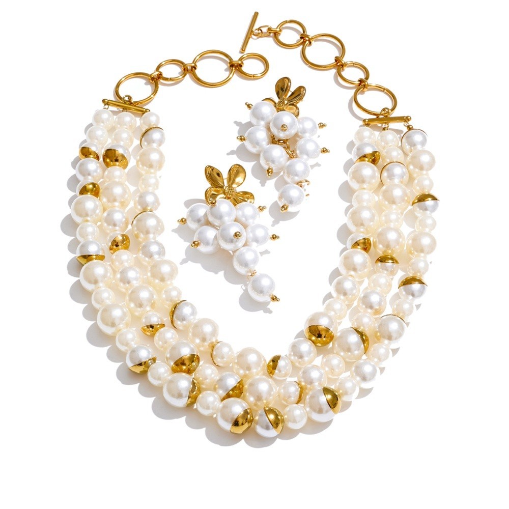 Pearl Bead Layered Necklace Earrings Set Stainless Steel Flower Gold Plated Gift