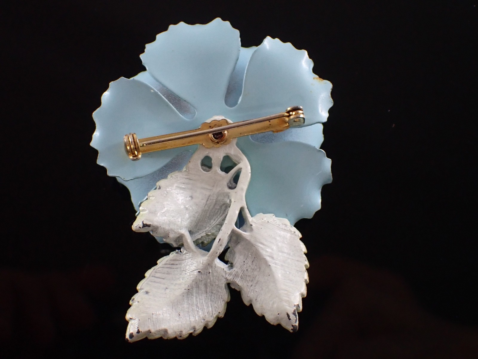 Vintage Blue Enamel Flower Brooch Glass Rhinestone Center Mid Century