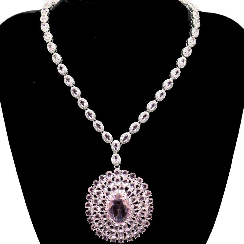 Eye Catching 40g Big Gemstone Pink Kunzite Women Dating Silver Necklace 18-19″