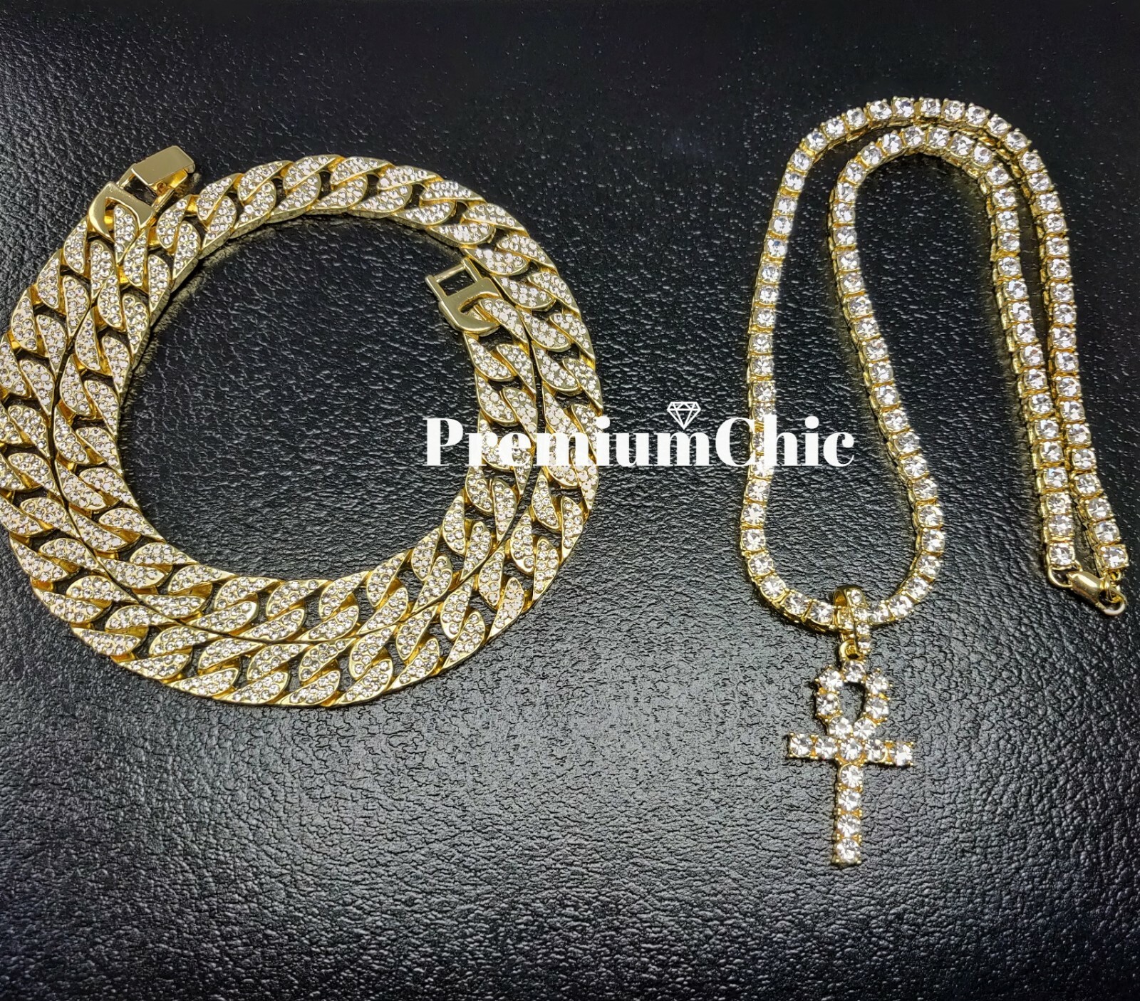 Mens Hip Hop ANKH Pendant + Tennis Chain + Miami Cuban Choker Plated CZ Jewelry