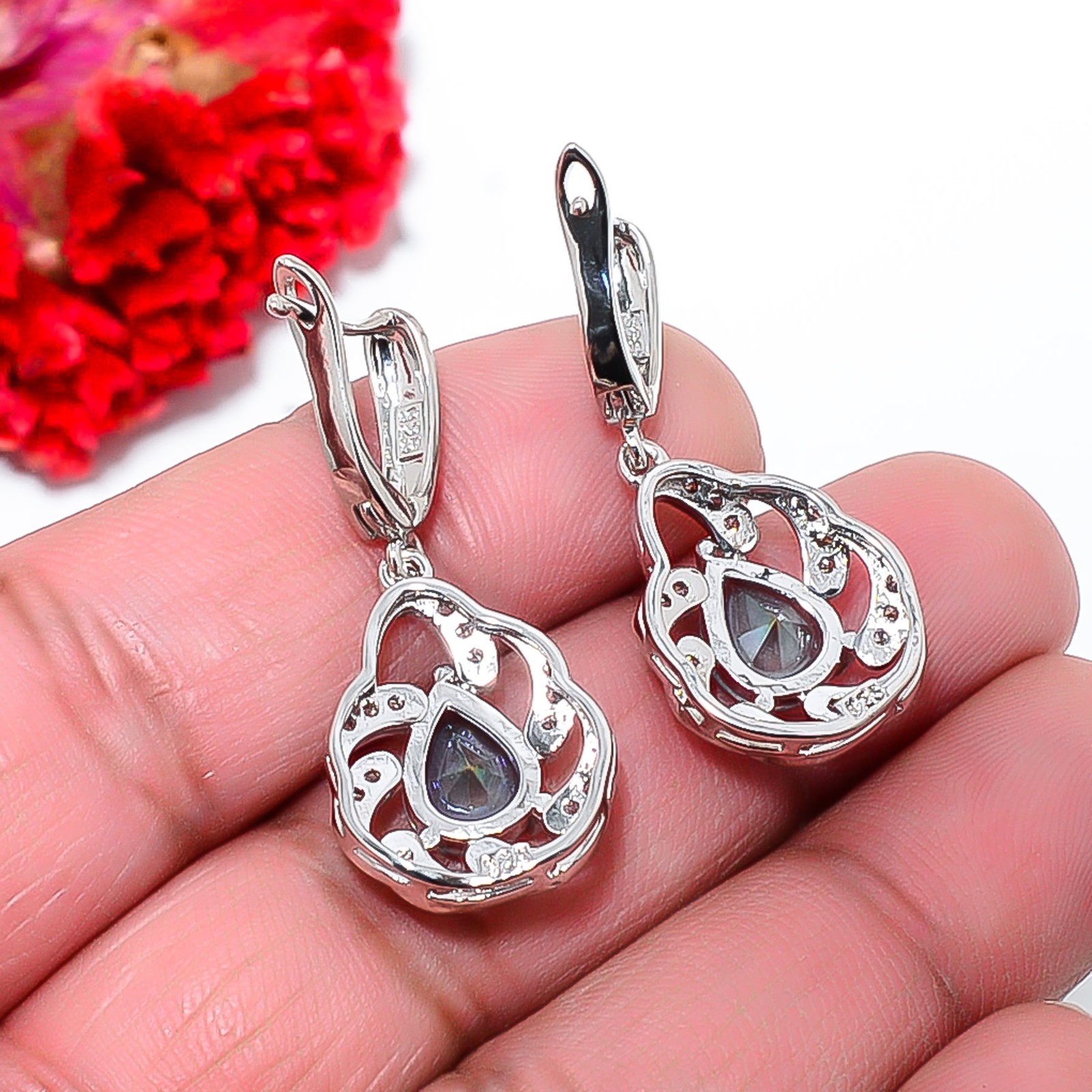 Blue Rainbow Mystic Fire Topaz & Cz 925 Sterling Silver Drop Earring 1.30″ E9417