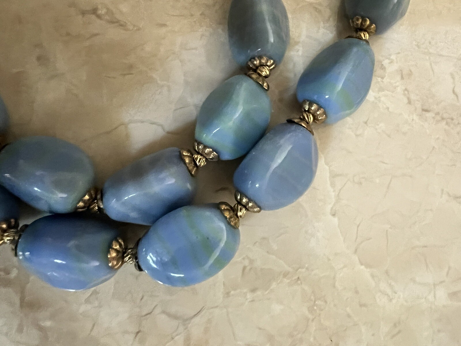 Vintage Periwinkle Blue & Green Slag Art Glass Necklace – Sterling Clasp – 24”