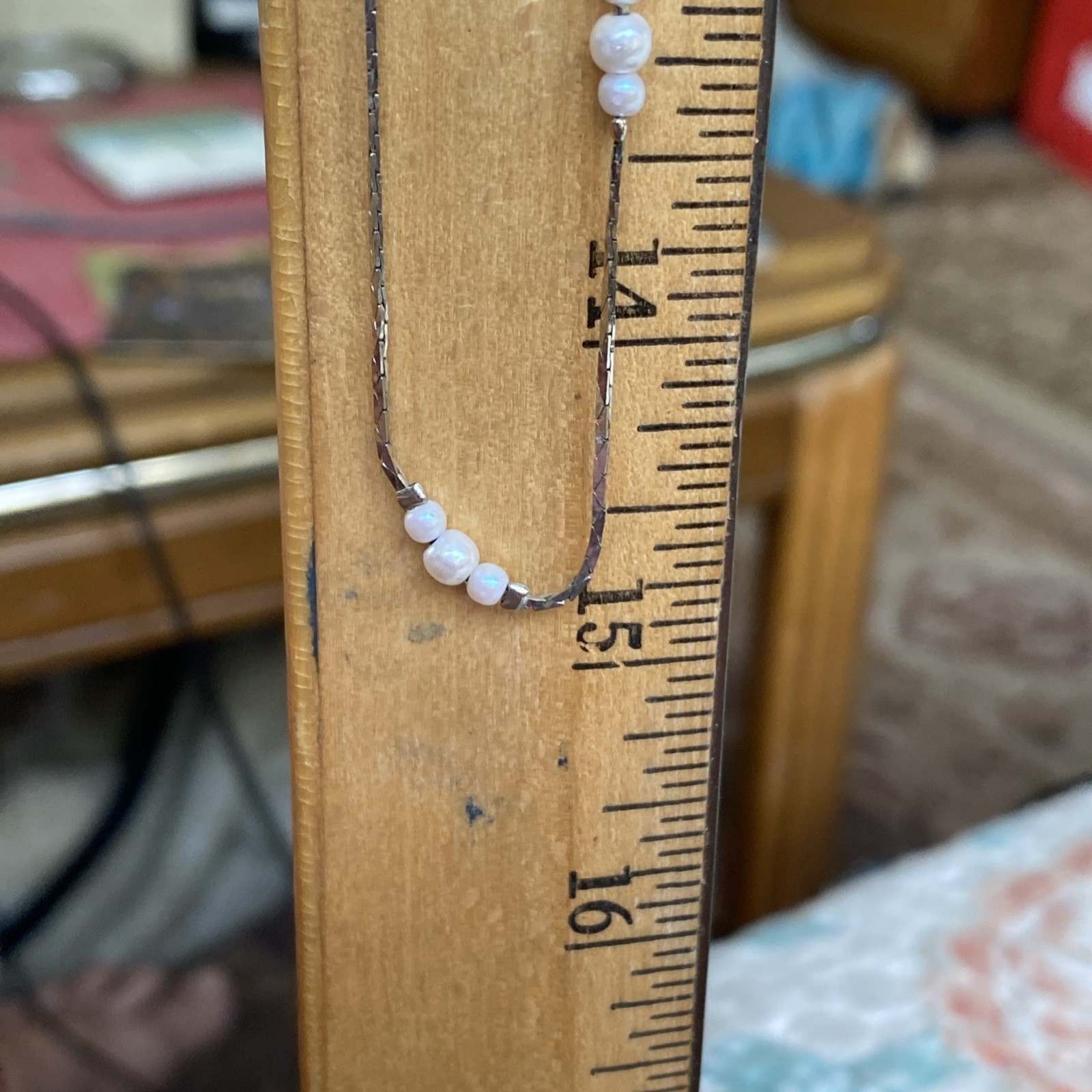 Vintage Serpentine and Faux Pearl Station Necklace , Marked Korea 30″