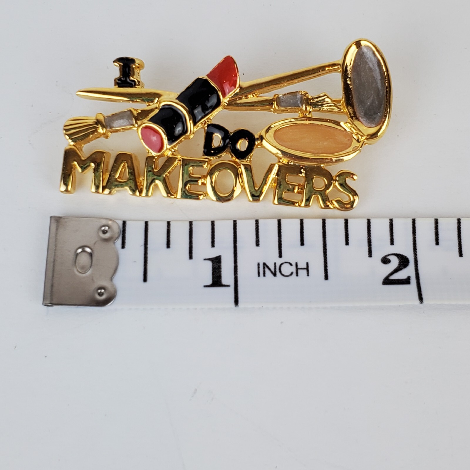 Gold Tone Metal Black Red Enamel I DO MAKEOVERS Cosmetology Brooch Pin