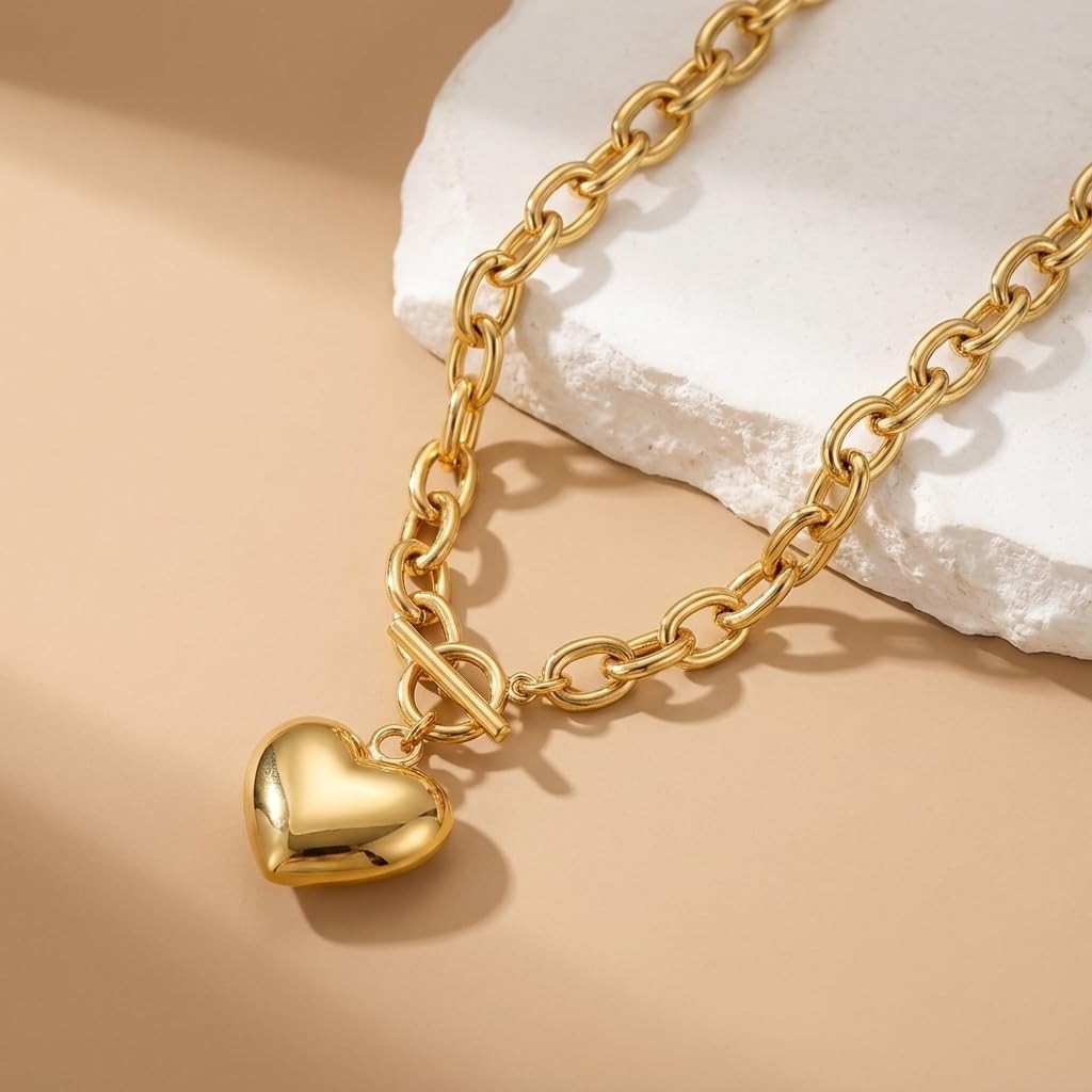 Chunky Gold Heart Necklace for Women, 18K GoldPlated Link Chain with Puffy He…