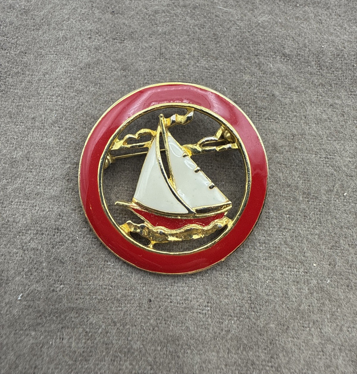 Vintage Red & Cream Enamel Cut Out Nautical Sailboat Boat Brooch Jewelry